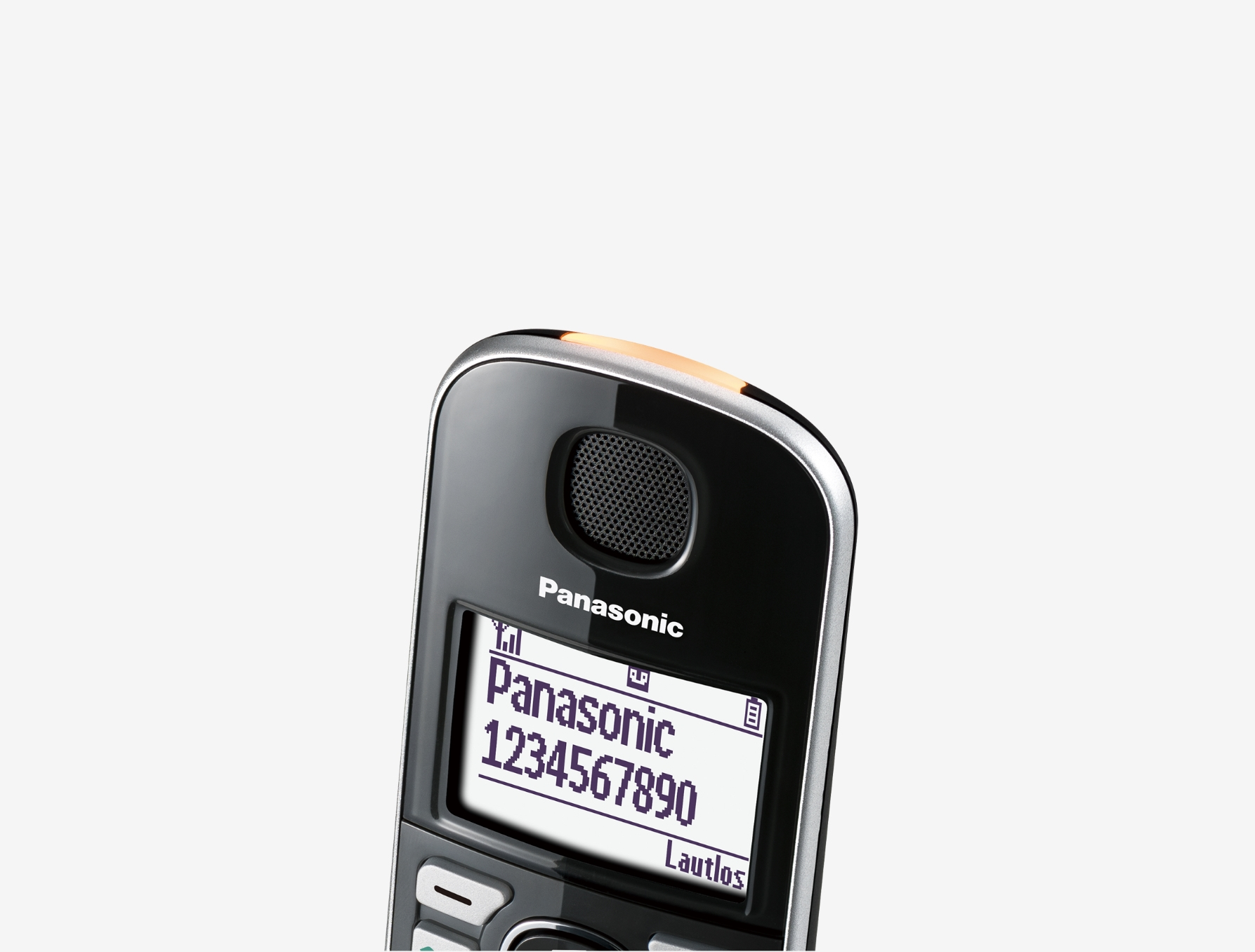 Un teléfono Panasonic negro con pantalla iluminada que muestra "Panasonic 1234567890".