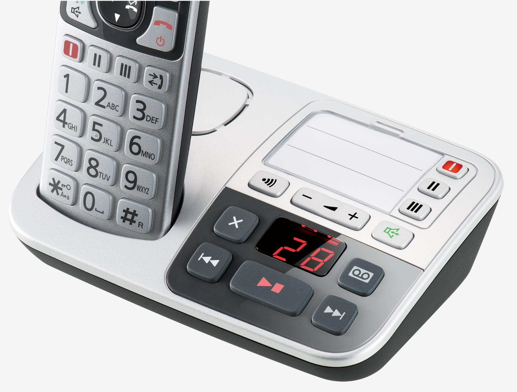 Teléfono inalámbrico con teclado y pantalla en base de carga.