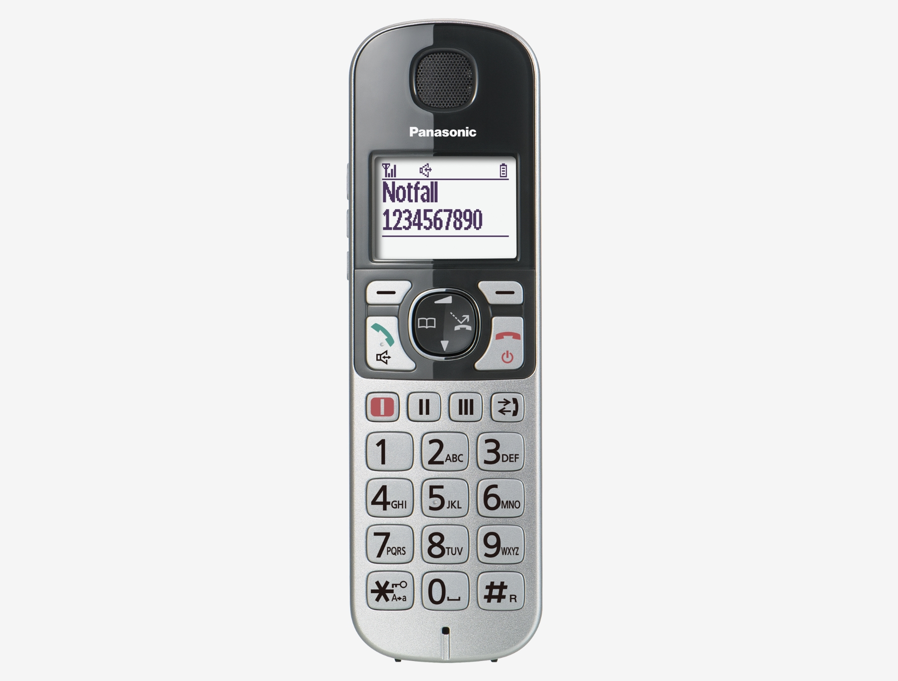 Teléfono Panasonic plateado y negro con número de emergencia en pantalla.