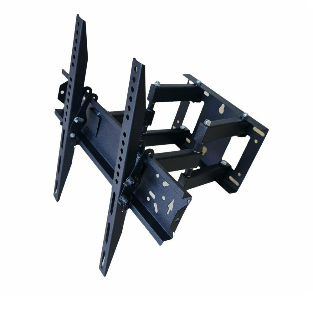 Ayarlanabilir kolları ve VESA montaj plakası olan siyah metal TV duvar askısı.