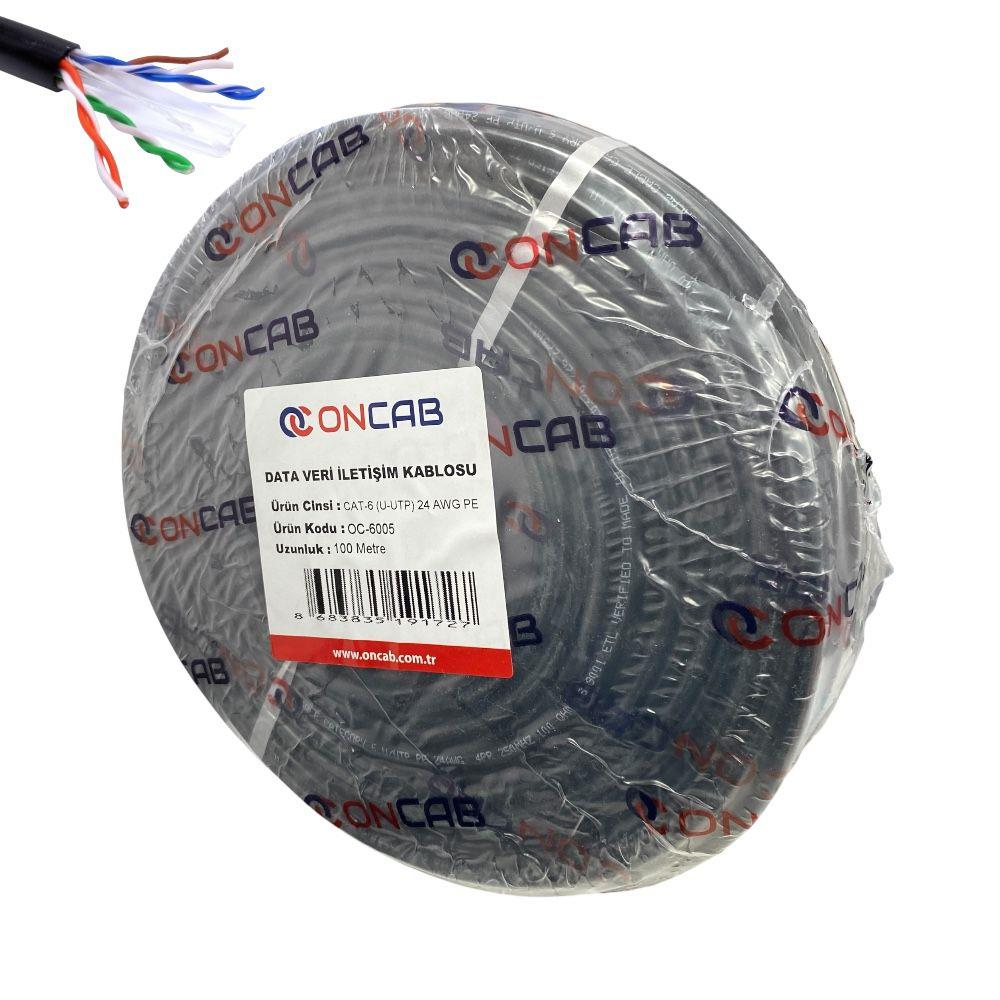Siyah Concab CAT-6 UTP 24 AWG PE kablo rulosu, 100 metre, telleri gösteren kesilmiş uçları var.