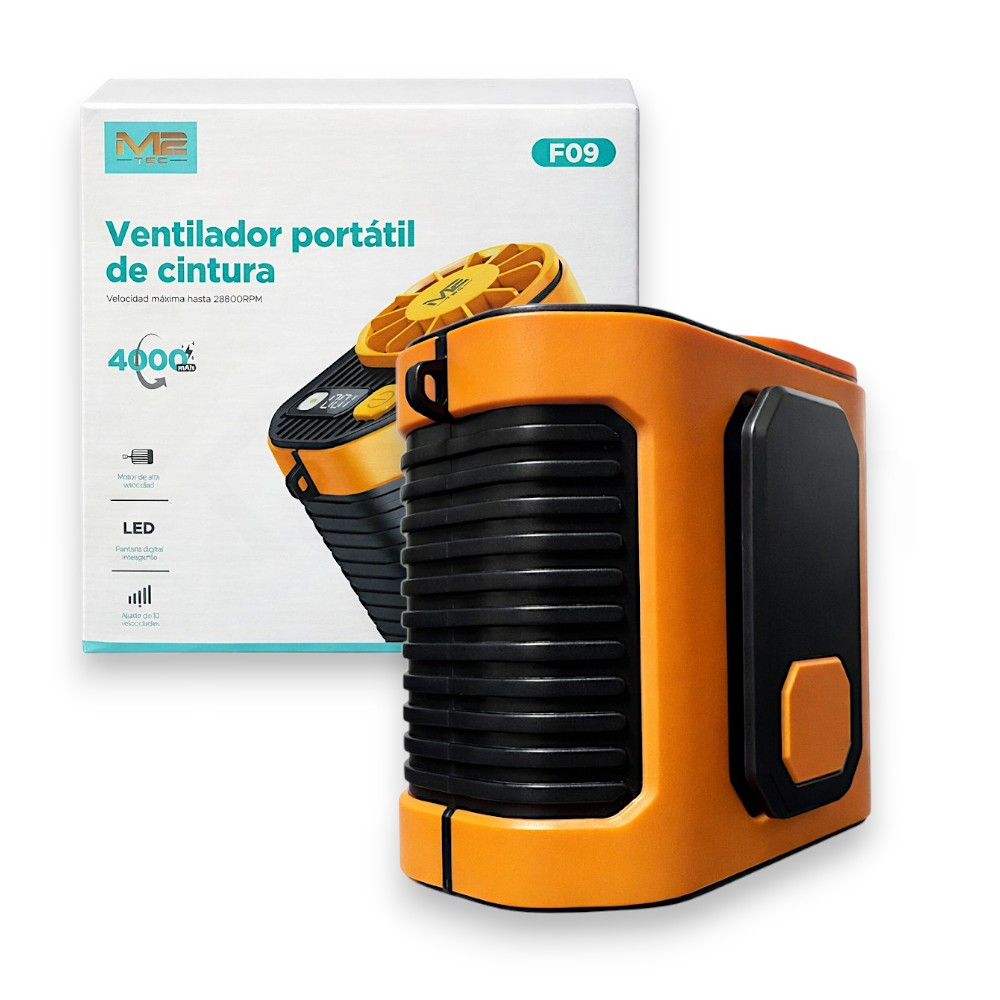 Ventilador portátil naranja y negro para cintura con embalaje. Batería 4000 mAh.