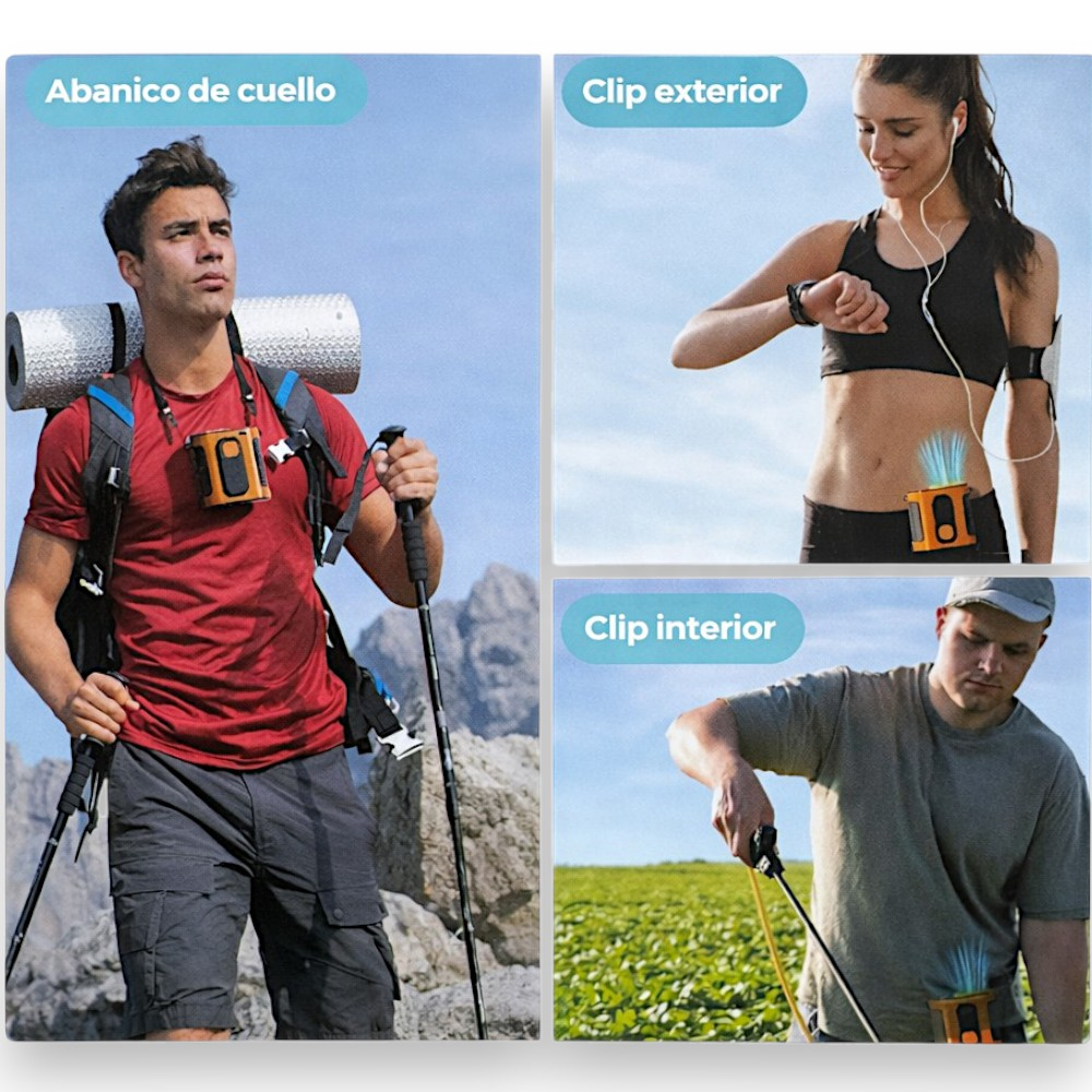 Hombre camina con ventilador de cuello; mujer trota con ventilador de cadera; hombre en campo con ventilador.