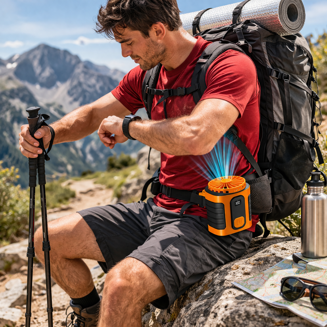 Hombre con mochila se sienta en rocas, usa ventilador de cintura y bastones.
