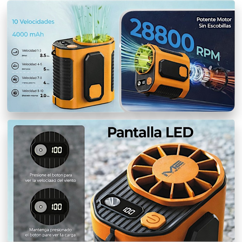 Ventilador naranja con pantalla LED, 28800 RPM, batería de 4000 mAh.