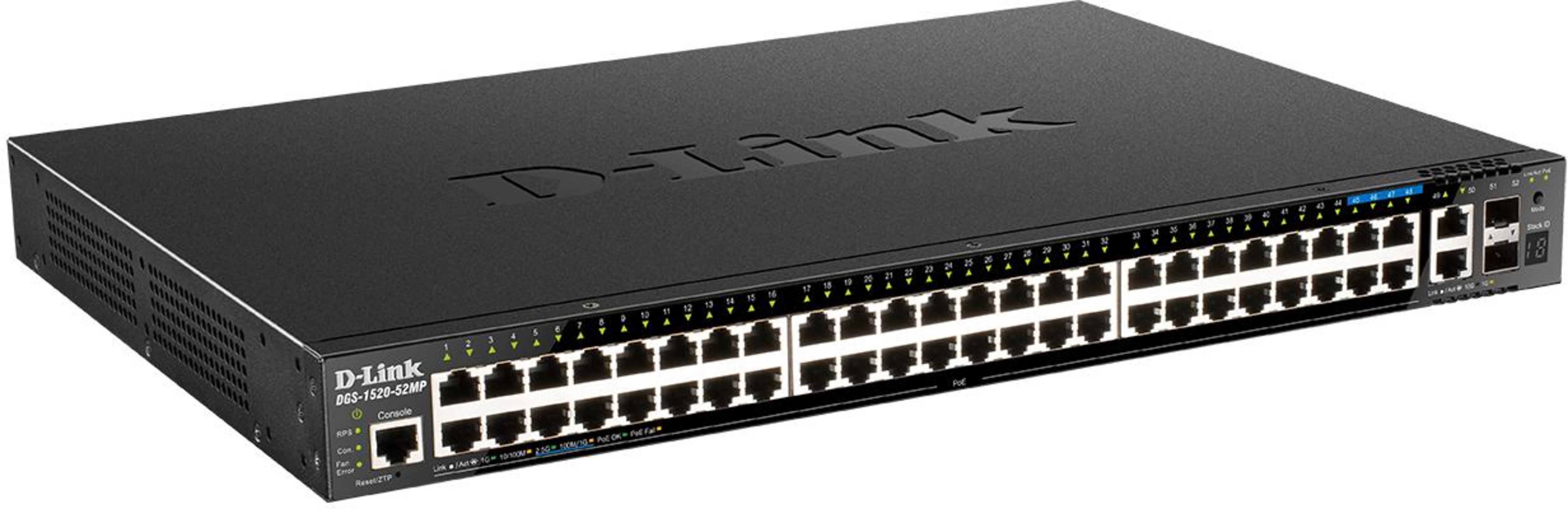 Switch di rete D-Link nero a 52 porte con indicatori LED.