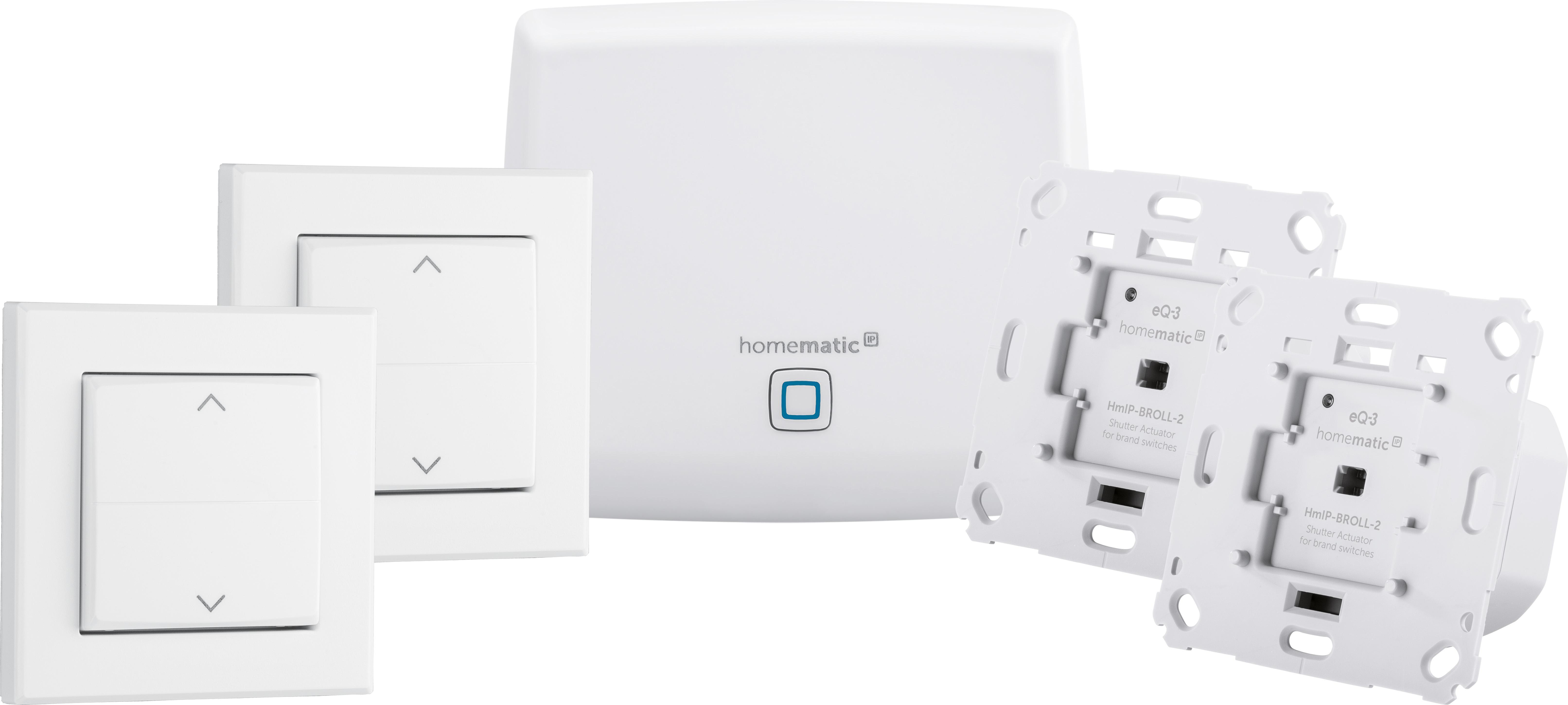 Weiße Smart-Home-Geräte: Schalter mit Auf-/Ab-Pfeilen und eine zentrale Einheit.