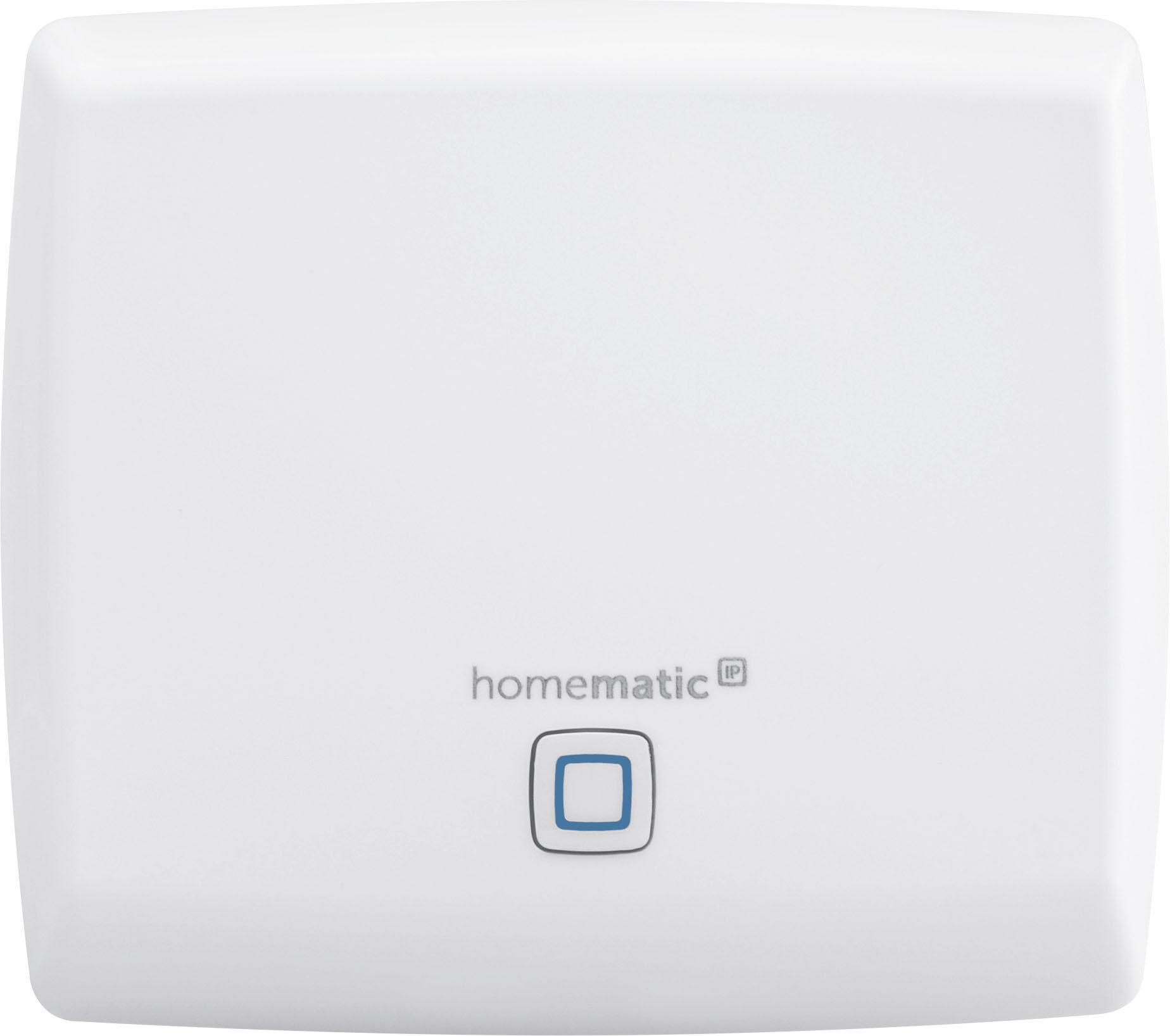 Ein weißes Homematic IP-Gerät mit blauer Taste auf weißem Grund.