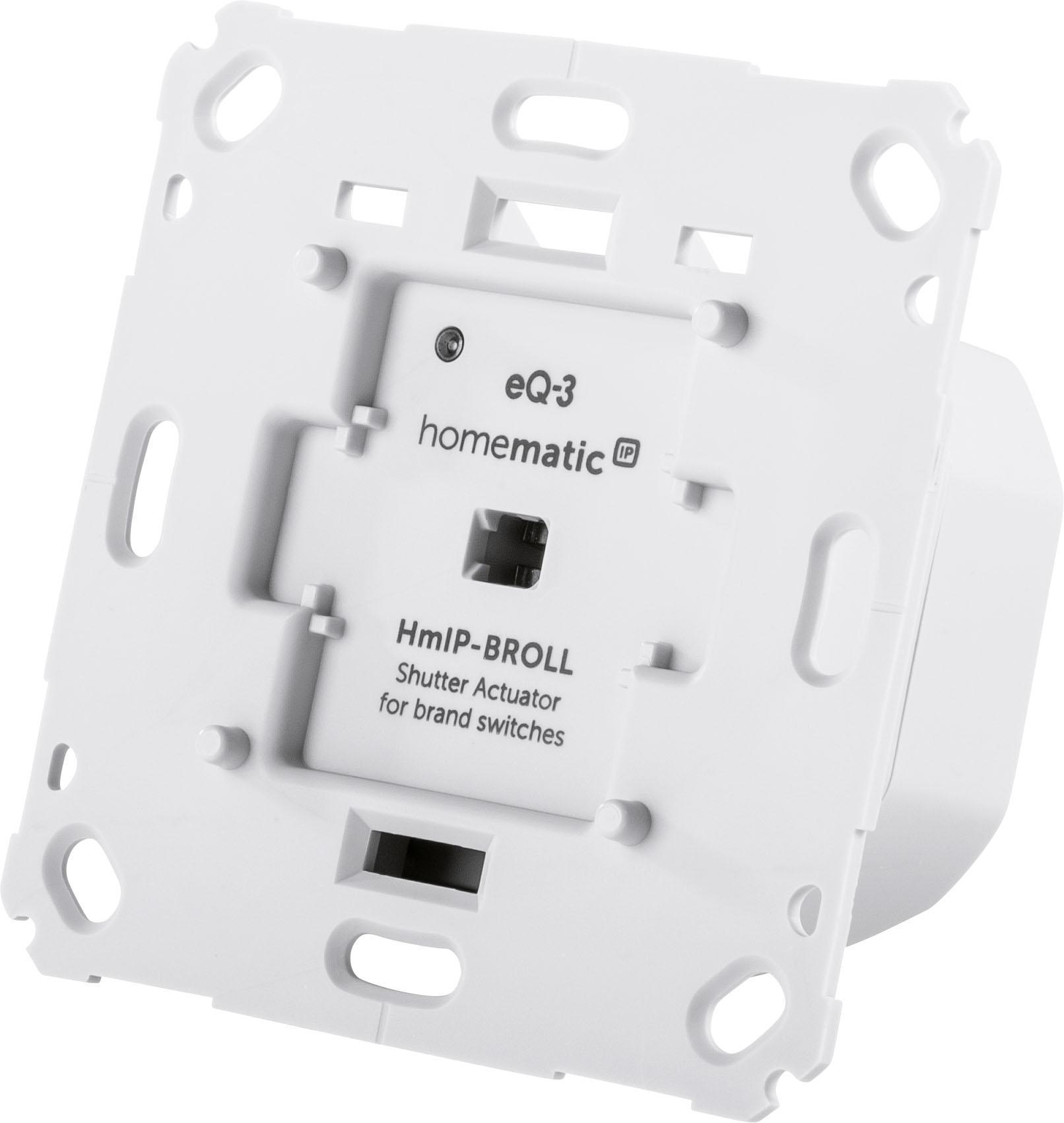 Weiße Shutter-Aktuator-Rückseite mit Beschriftung 'eQ-3 homematic IP HmIP-BROLL'.