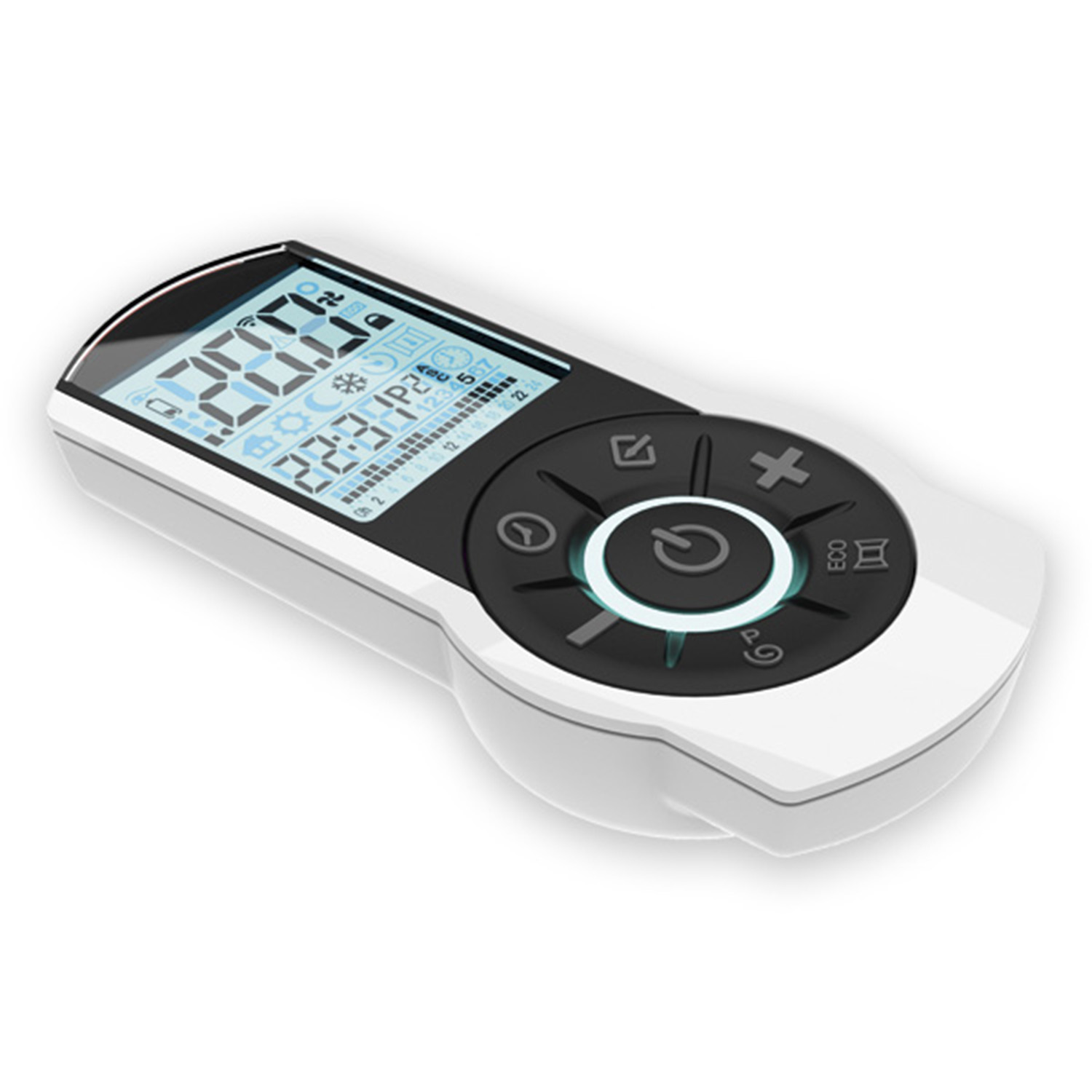 Un control remoto blanco con pantalla digital y botones.