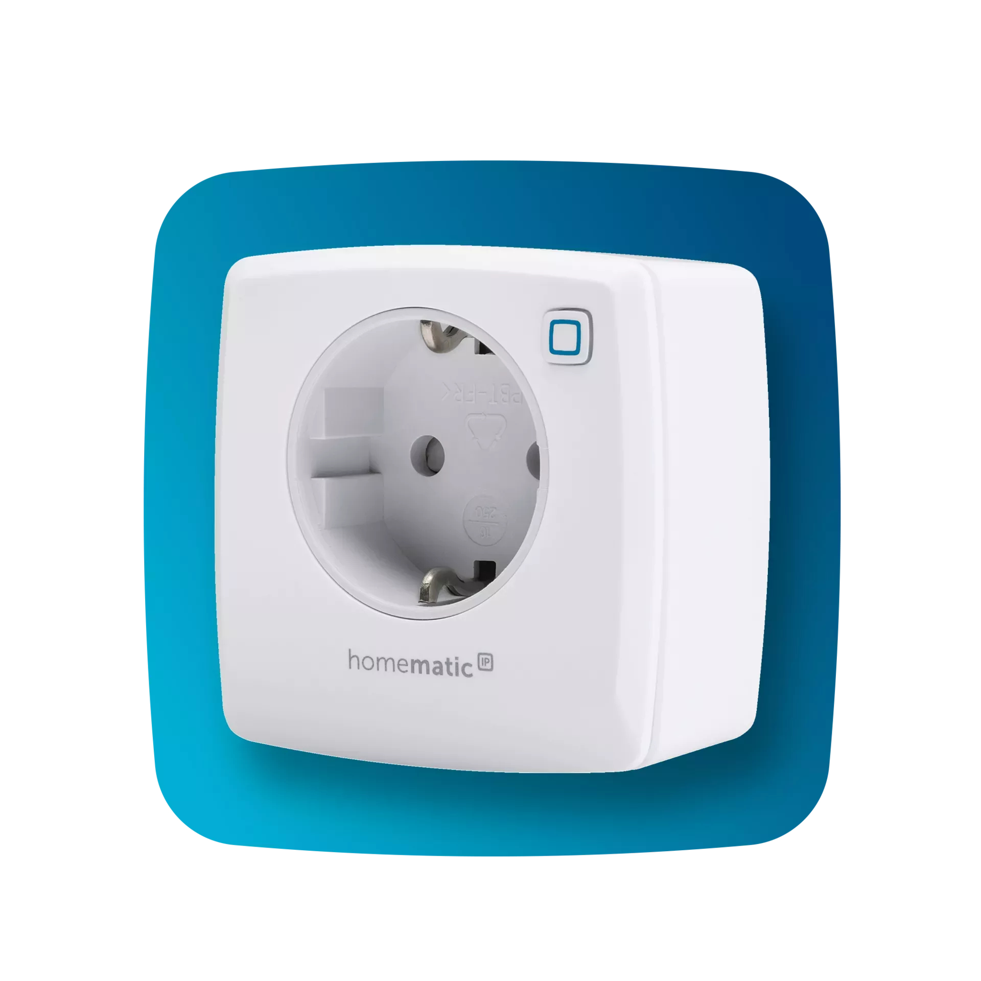 Weier Smart-Stecker von Homematic IP mit blauerUmrandung.