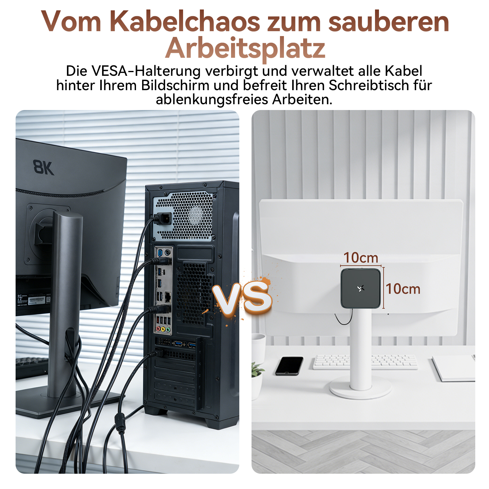 Unordnung vs. Ordnung: Kabelchaos auf der linken Seite, VESA-Halterung auf der rechten.