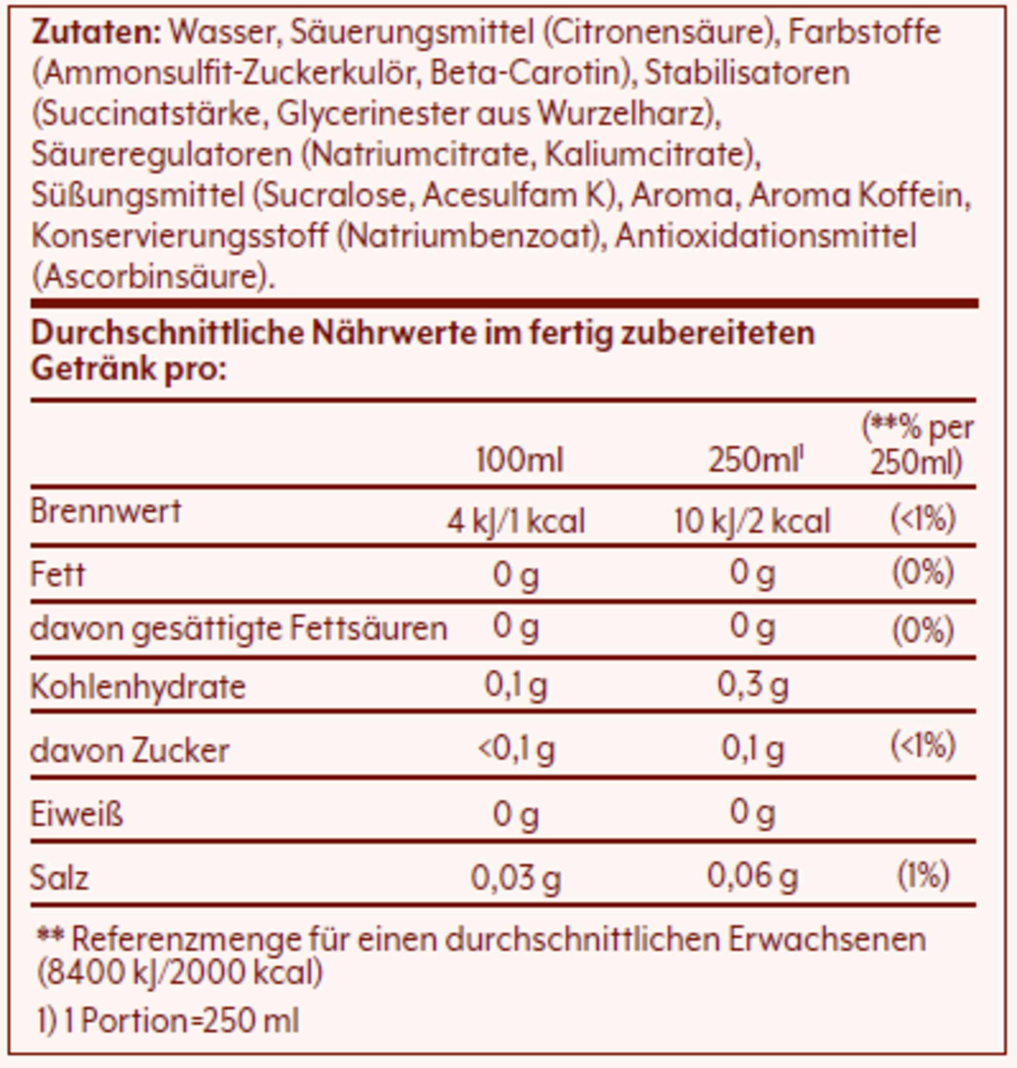 Nährwertangaben mit Zutatenliste für ein Getränk, Kalorien, Fett, Kohlenhydrate, Eiweiß, Salz.