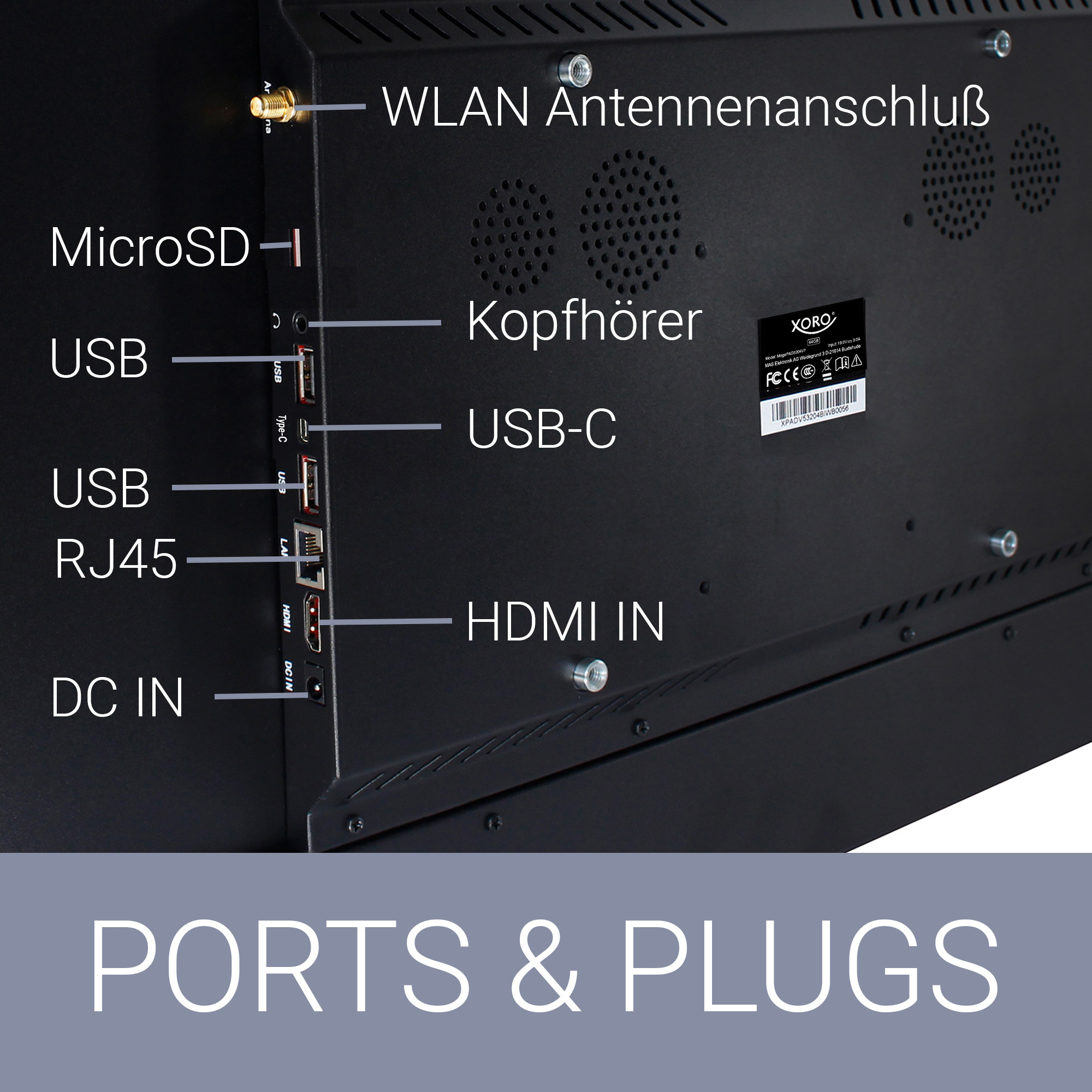 Rückseite mit Anschlüssen: WLAN, MicroSD, USB, Kopfhörer, USB-C, HDMI.