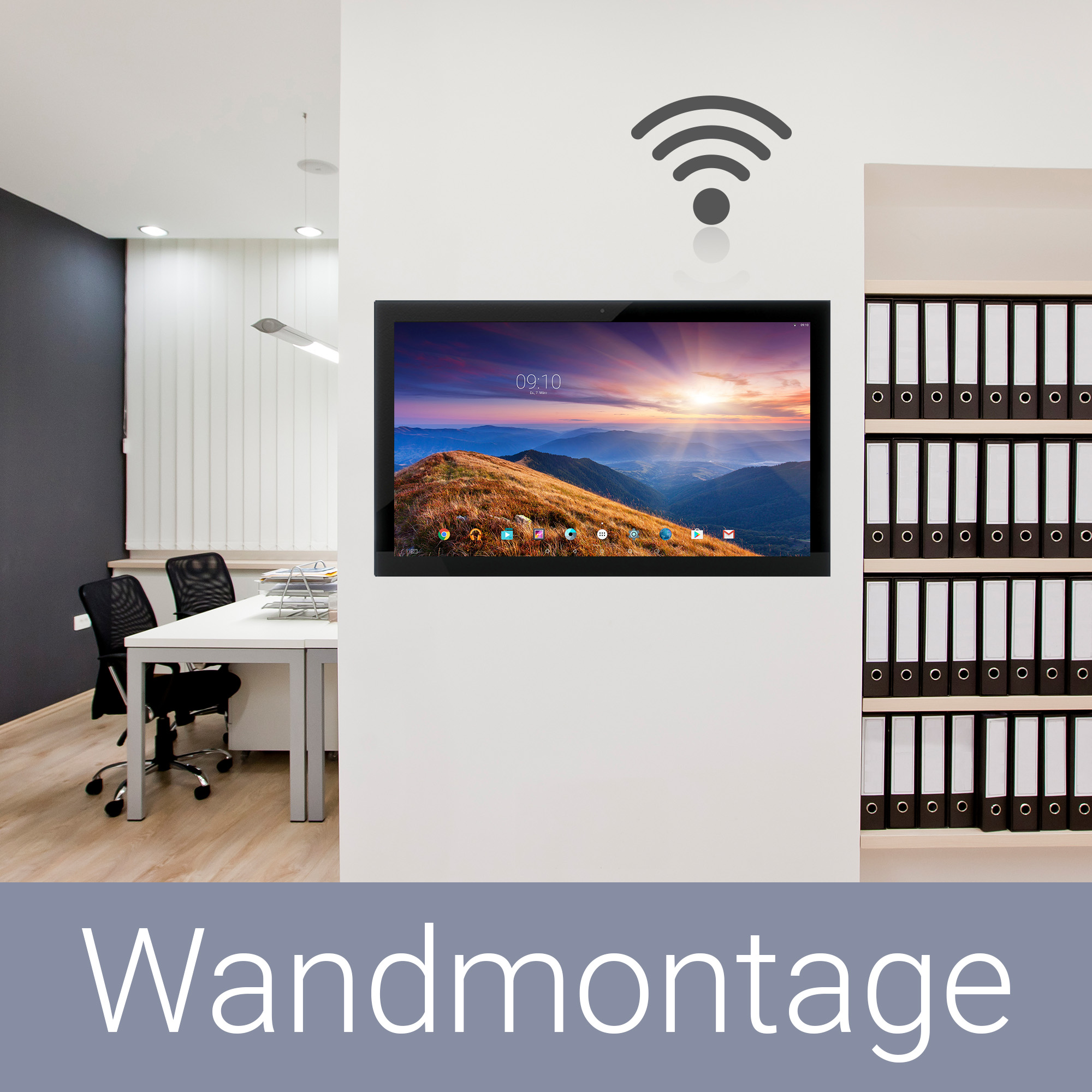 Ein moderner Büroraum mit einem Tablet an der Wand, Ordnern und Möbeln.