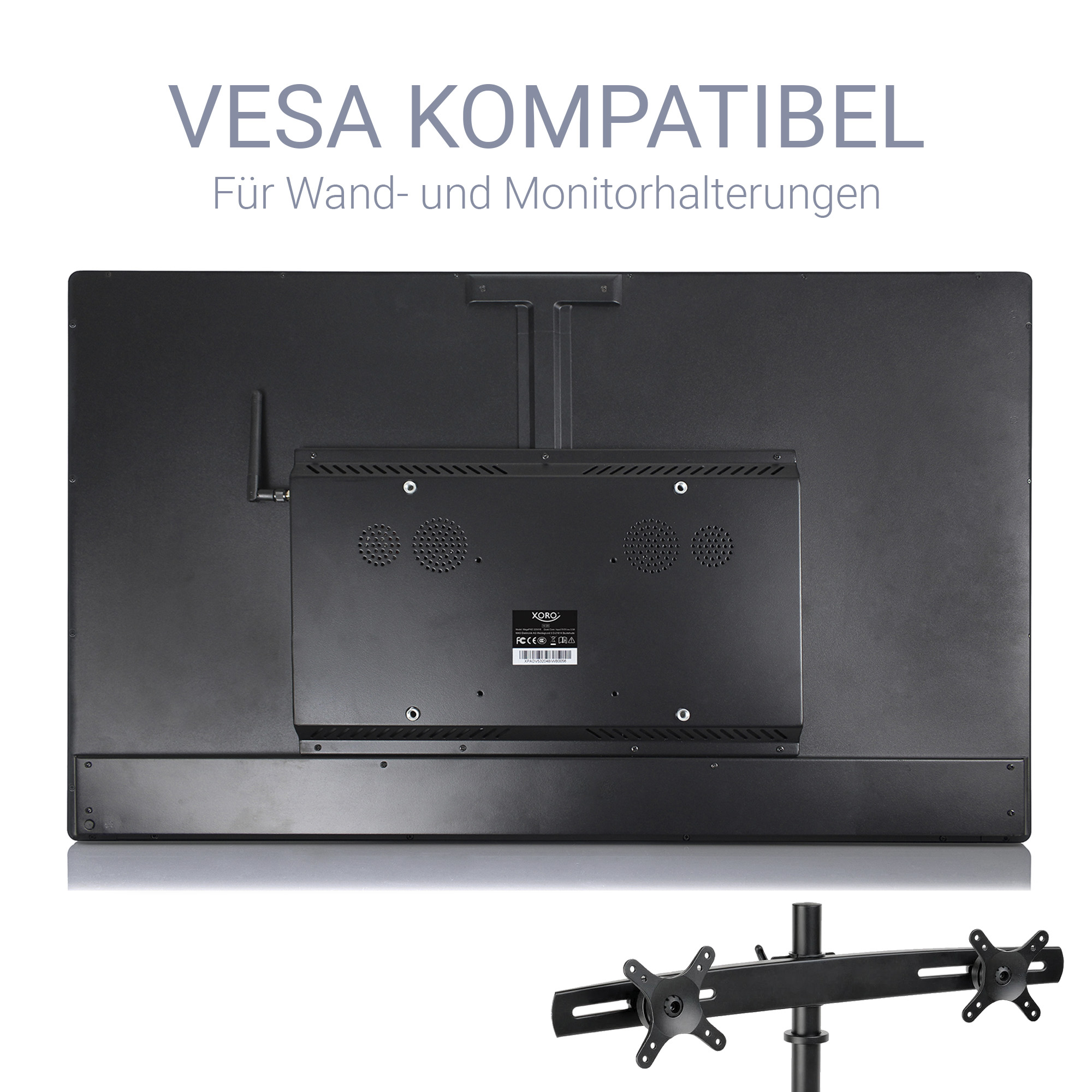 Rückseite eines schwarzen Monitors mit VESA-Kompatibilität und einer Monitorhalterung.