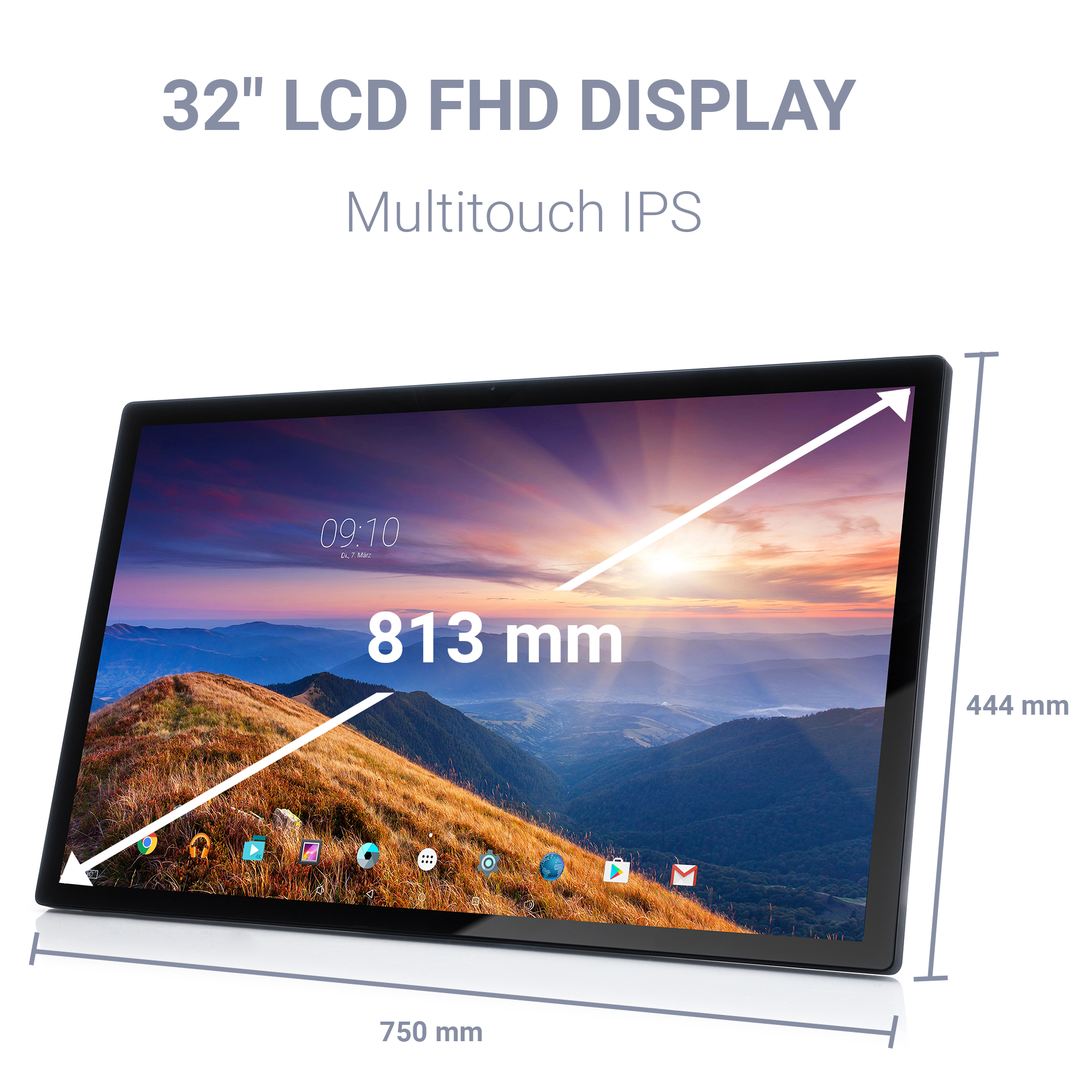 Ein 32-Zoll-LCD-FHD-Display mit Multitouch-IPS-Technologie, Maße 750x444 mm.
