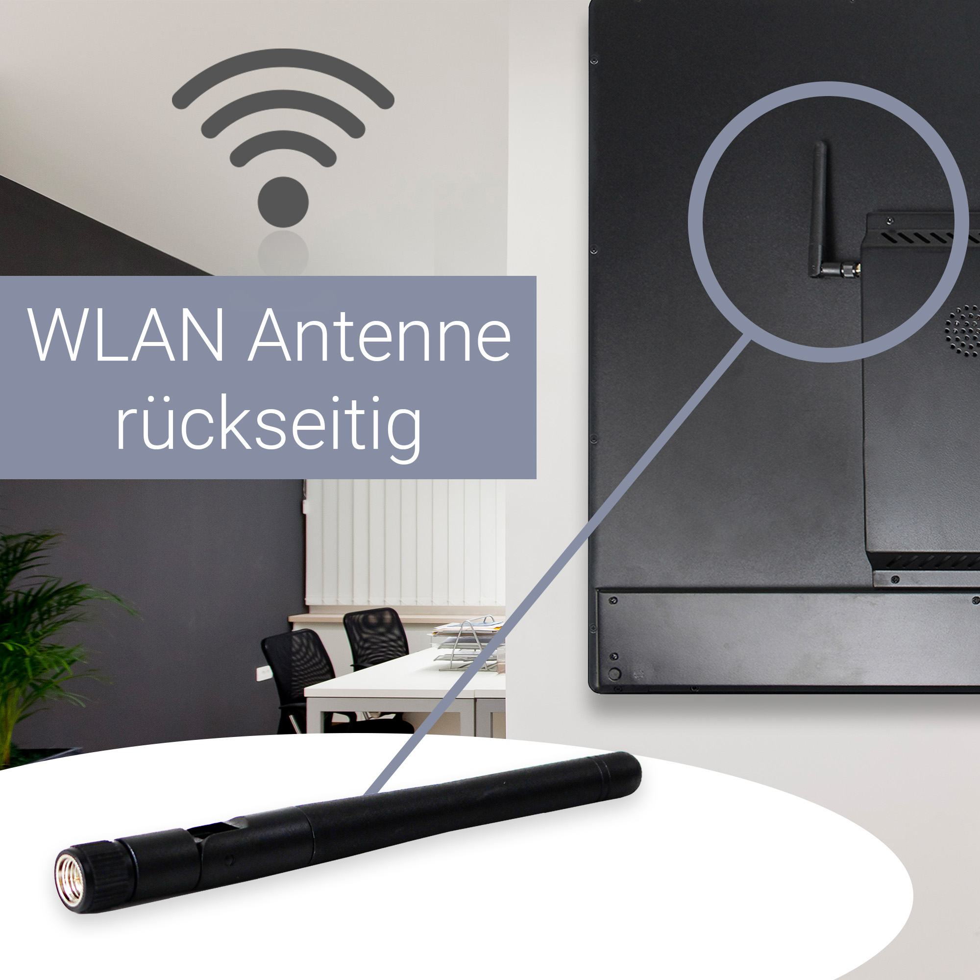 Nahaufnahme einer WLAN-Antenne, die an der Rückseite eines Geräts angebracht ist.