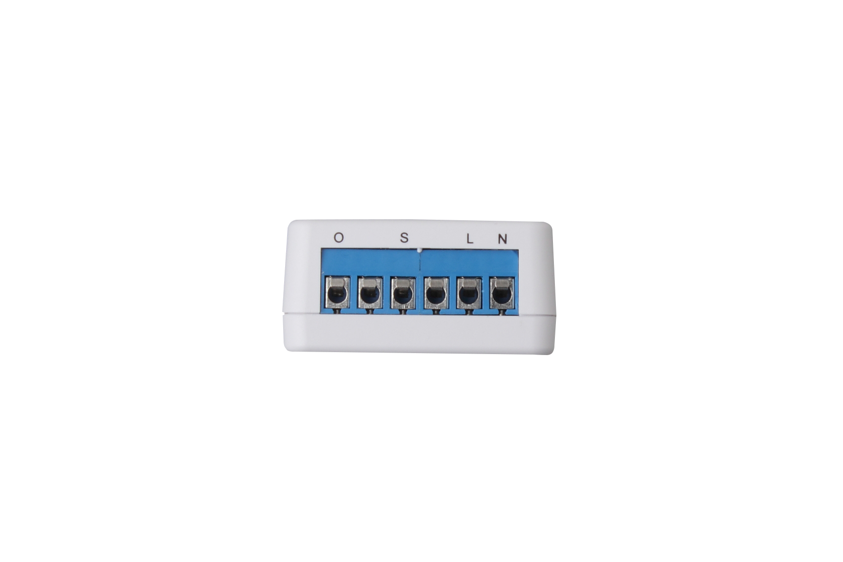Ein weißer Stecker mit sechs Klemmen und Beschriftungen O, S, L, N.