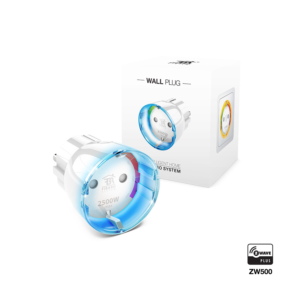 Un enchufe de pared blanco con anillo de luz azul y pantalla de 2500W.