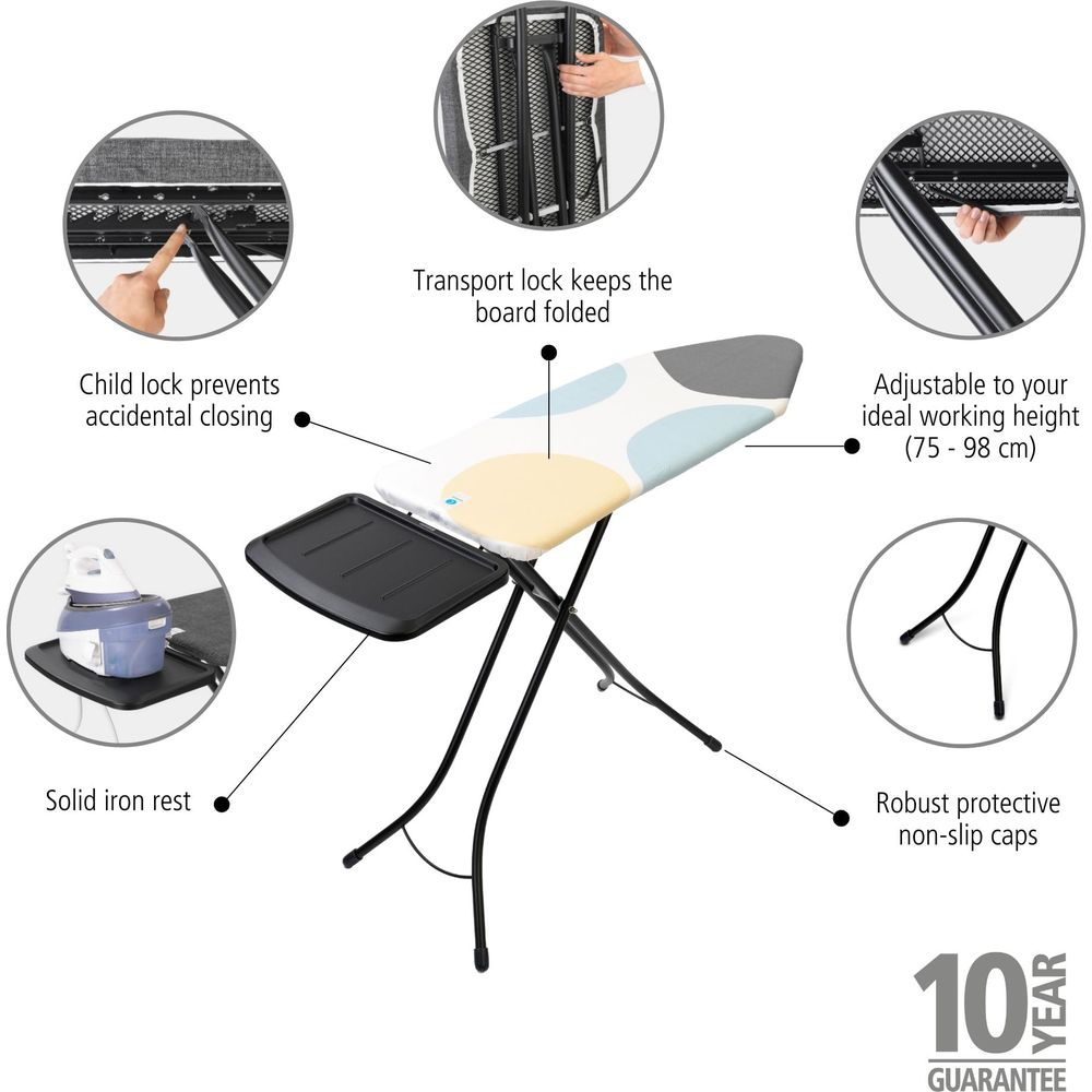 Table à repasser avec sécurité enfant, verrouillage transport, hauteur réglable et embouts antidérapants.