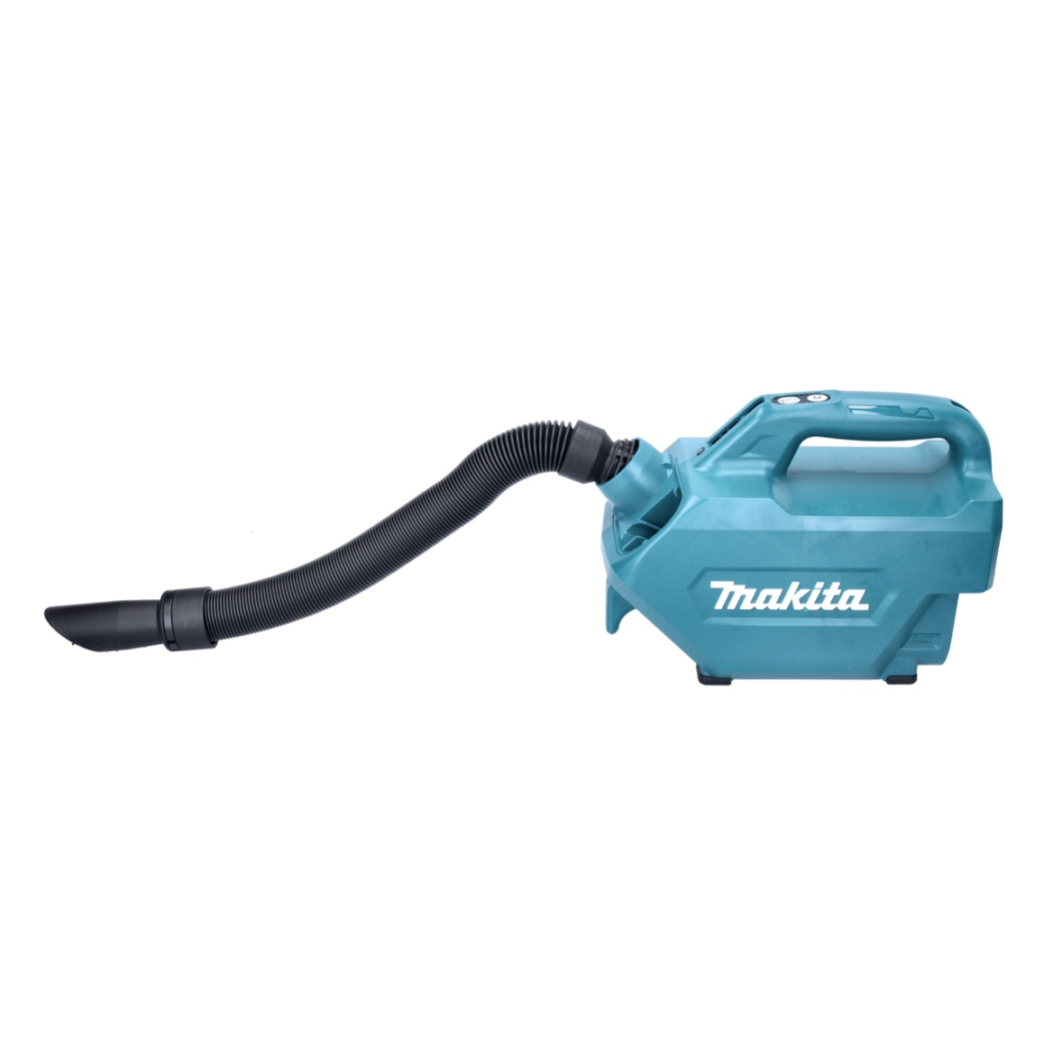 Un aspirapolvere a batteria Makita turchese con tubo e ugello neri.
