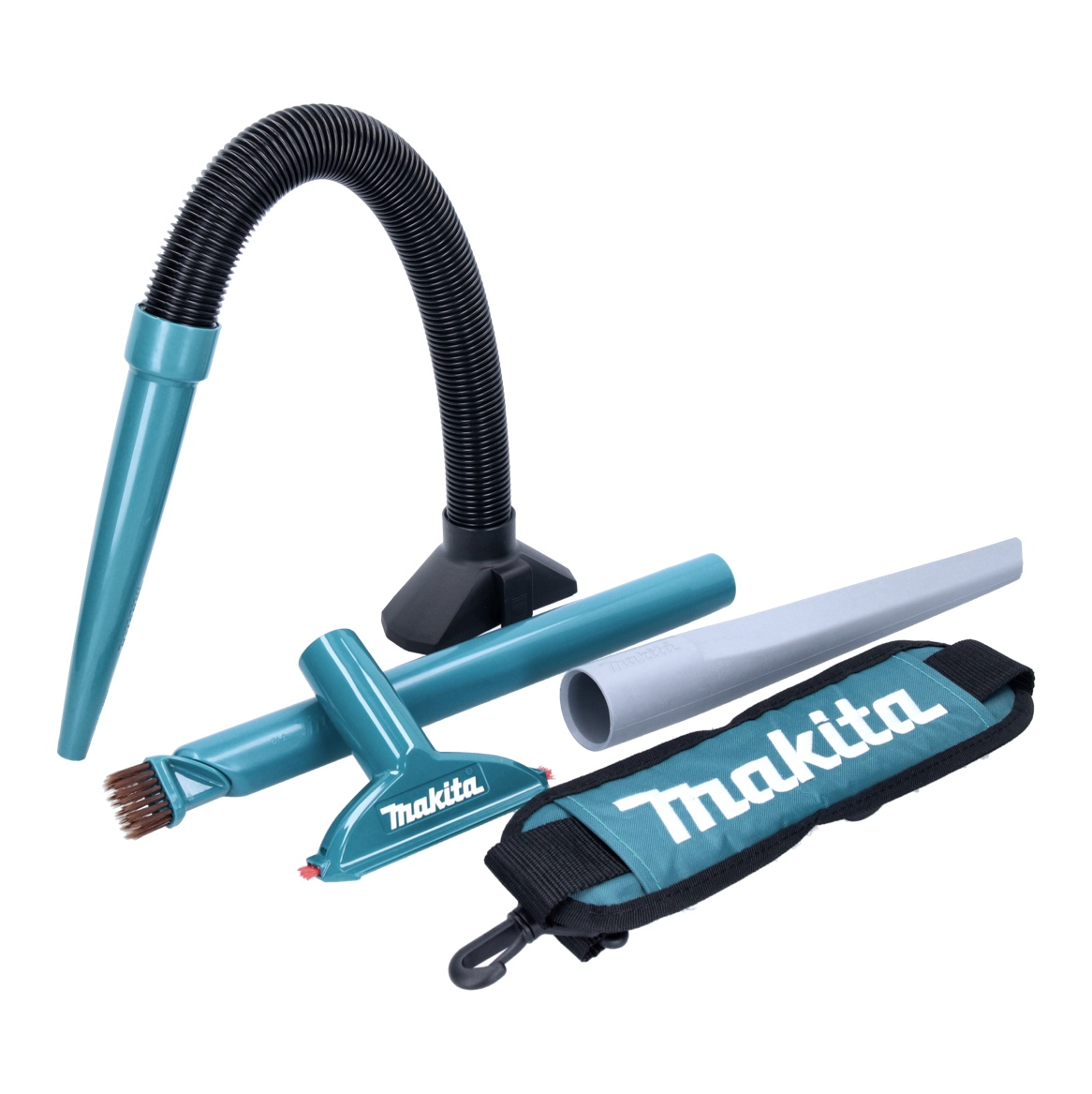 Vari accessori aspirapolvere Makita con tubo flessibile e tracolla.