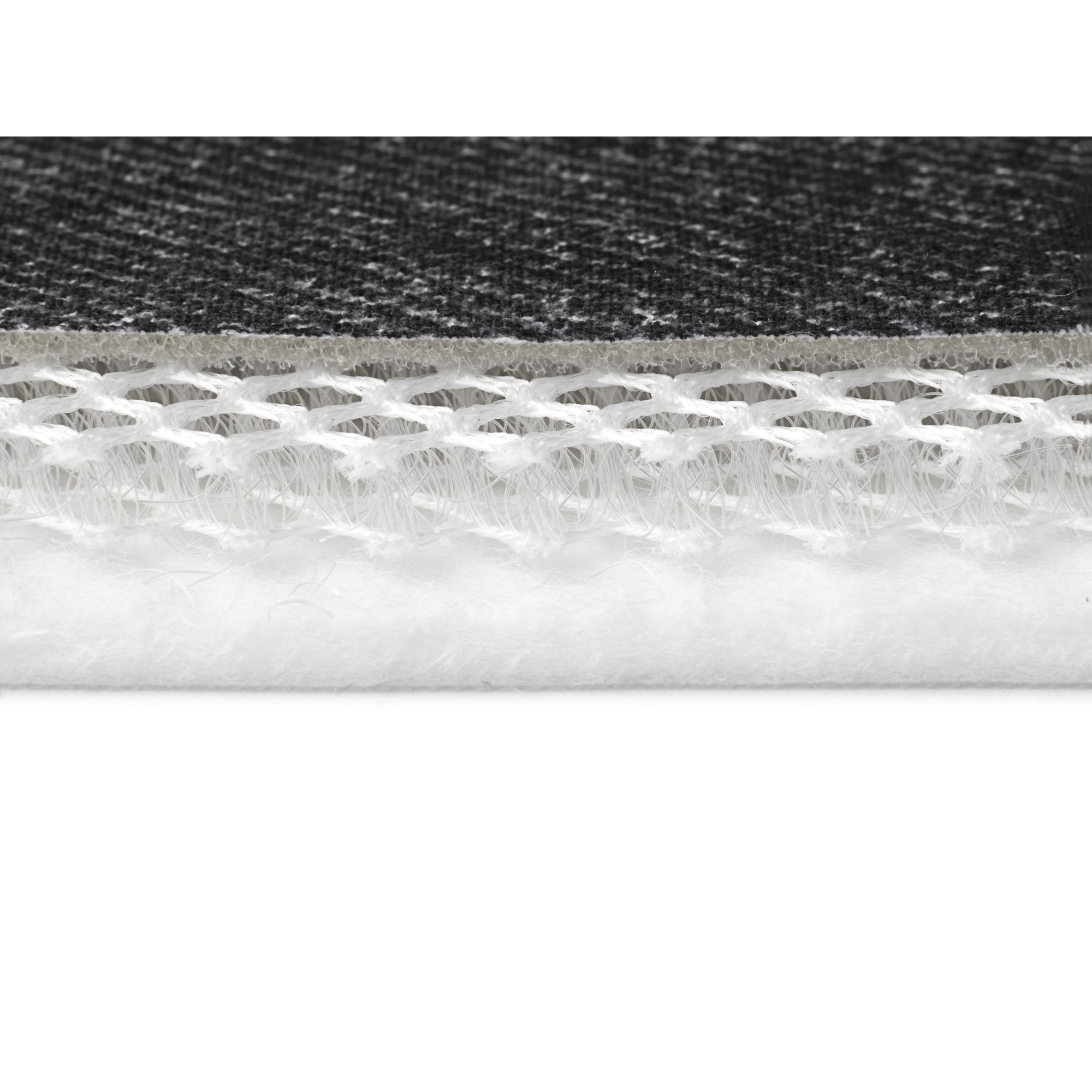 Gelaagd materiaal: donkere stof, gaas en witte non-woven stof.