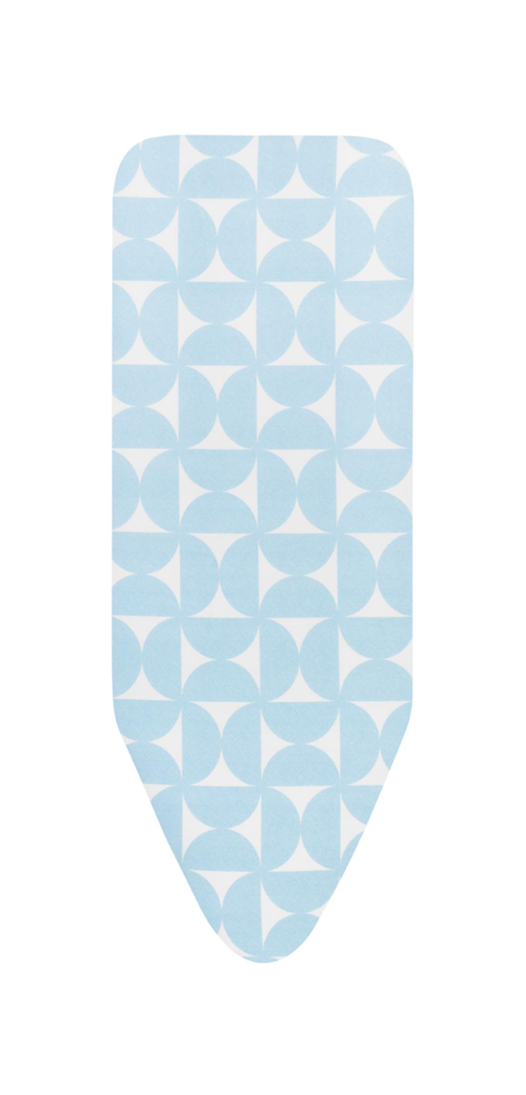 Een blauw en wit geometrisch patroon op een afgerond, pijl-achtig object.