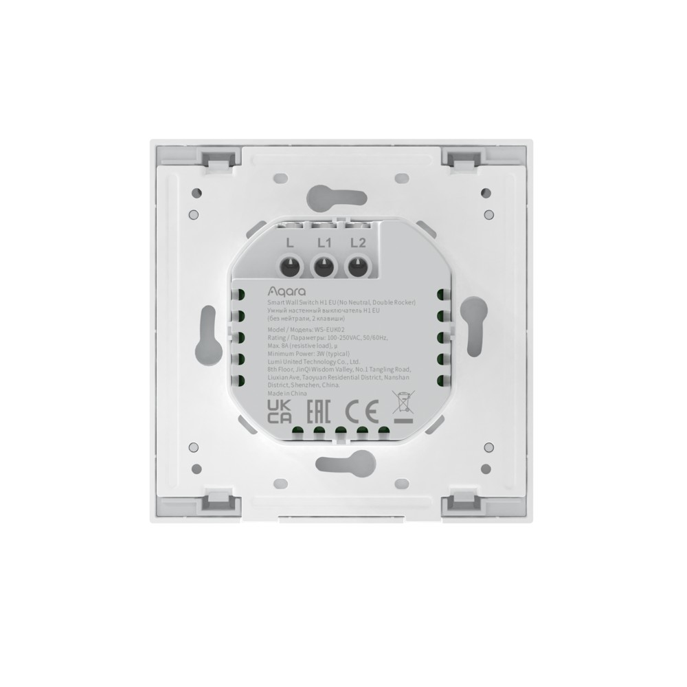 Reverso de un interruptor de pared inteligente Aqara H1 EU blanco con información del modelo y certificaciones.