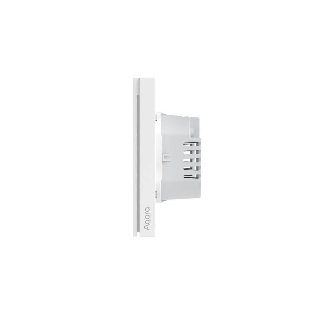 Un sensor de termostato Aqara blanco con rejillas, visto de perfil.