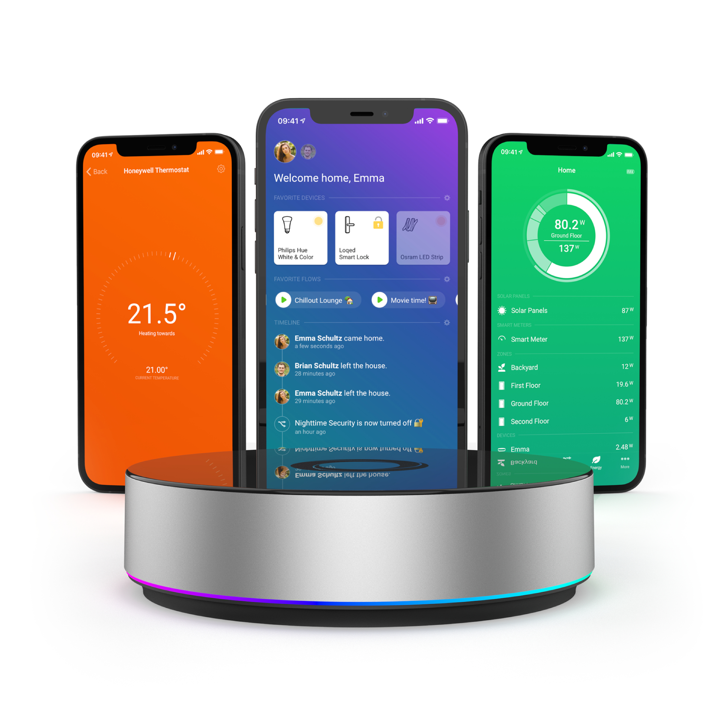 Drei Smartphones zeigen Smart-Home-Apps: Thermostat, Begrüßung und Energieübersicht.