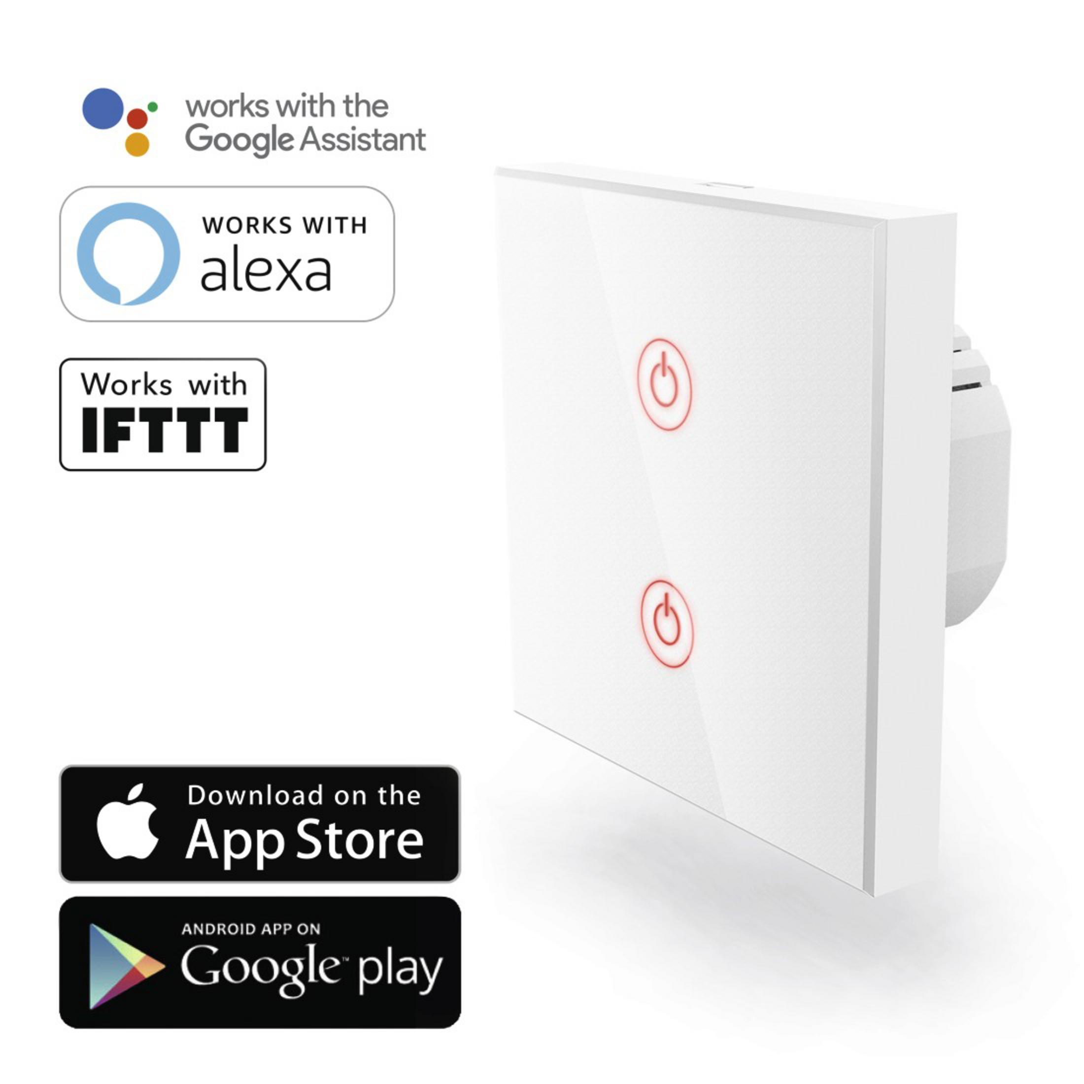 Ein weißer Wandschalter mit zwei roten Ein-/Aus-Symbolen, kompatibel mit Google, Alexa, IFTTT.