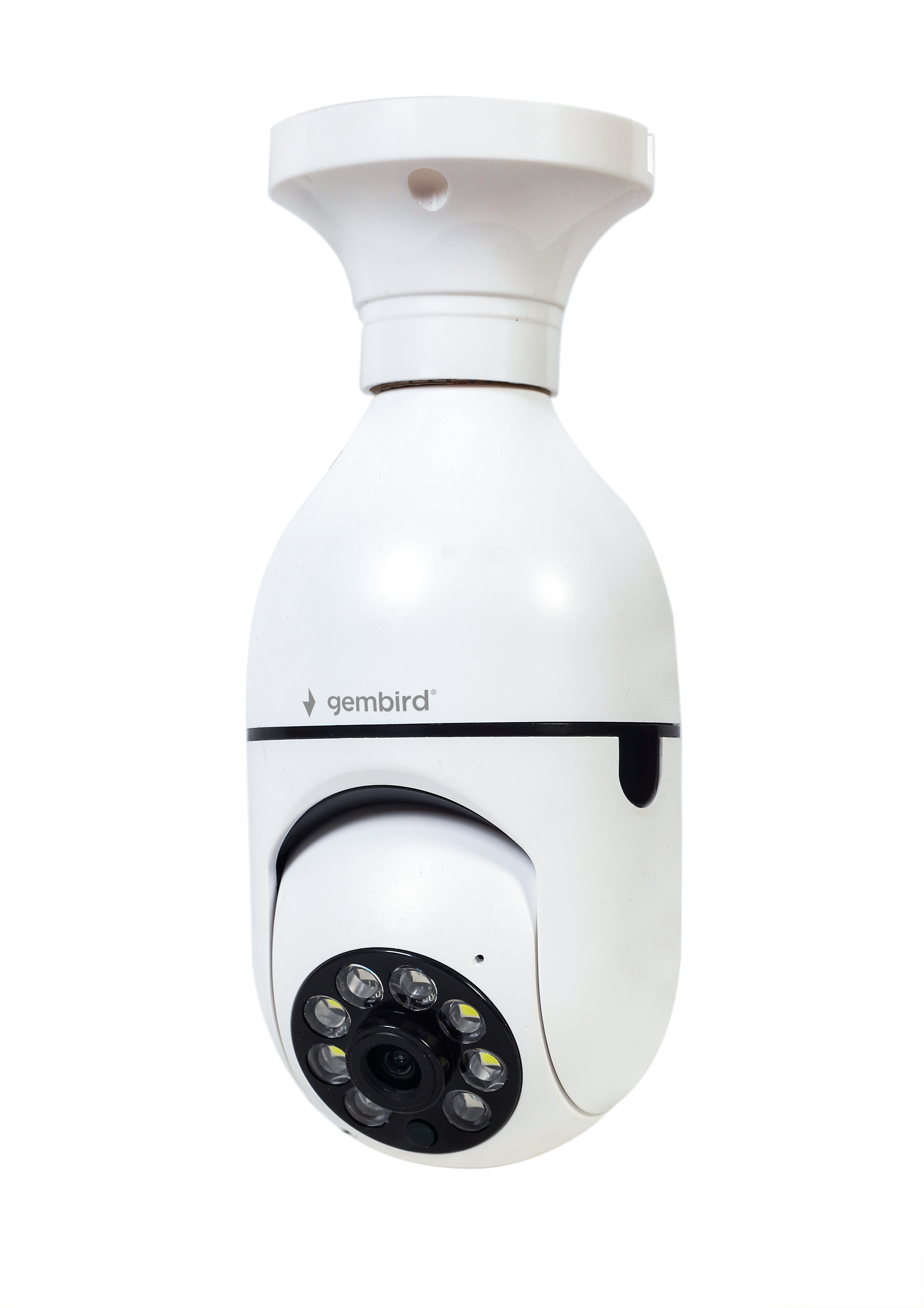 Une caméra de sécurité blanche avec logo Gembird et LED infrarouges.
