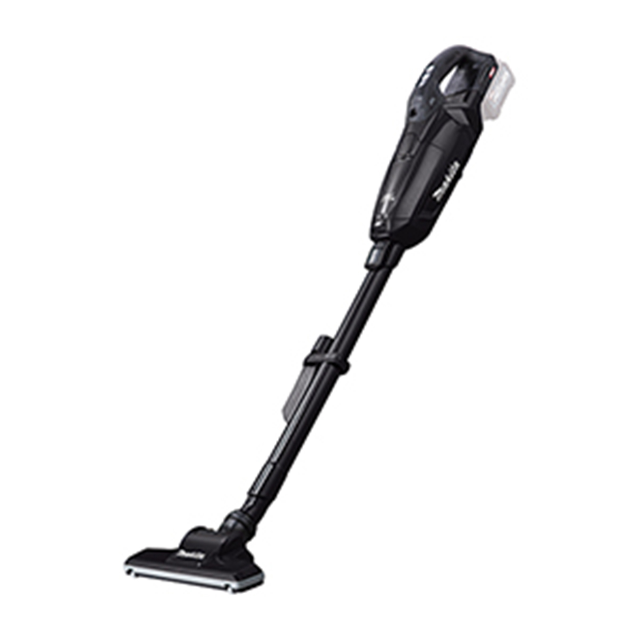 Aspirapolvere portatile nero con tubo di prolunga e bocchetta da pavimento, su sfondo bianco.