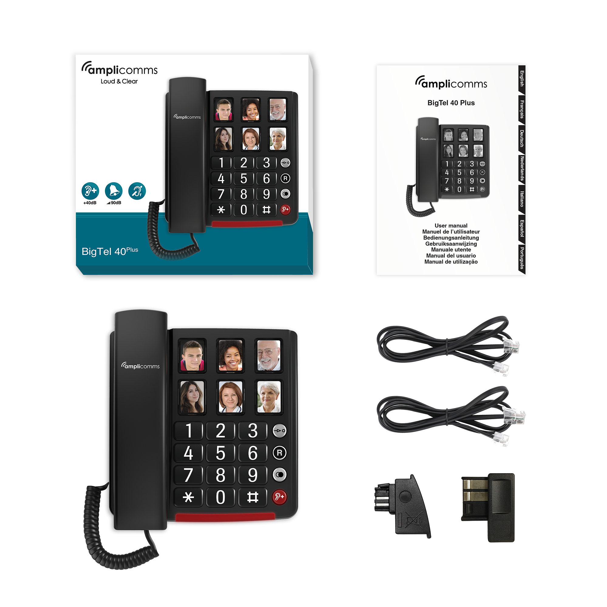 Téléphone AmpliComms BigTel 40 Plus noir, manuel, câbles et adaptateur sur fond blanc.