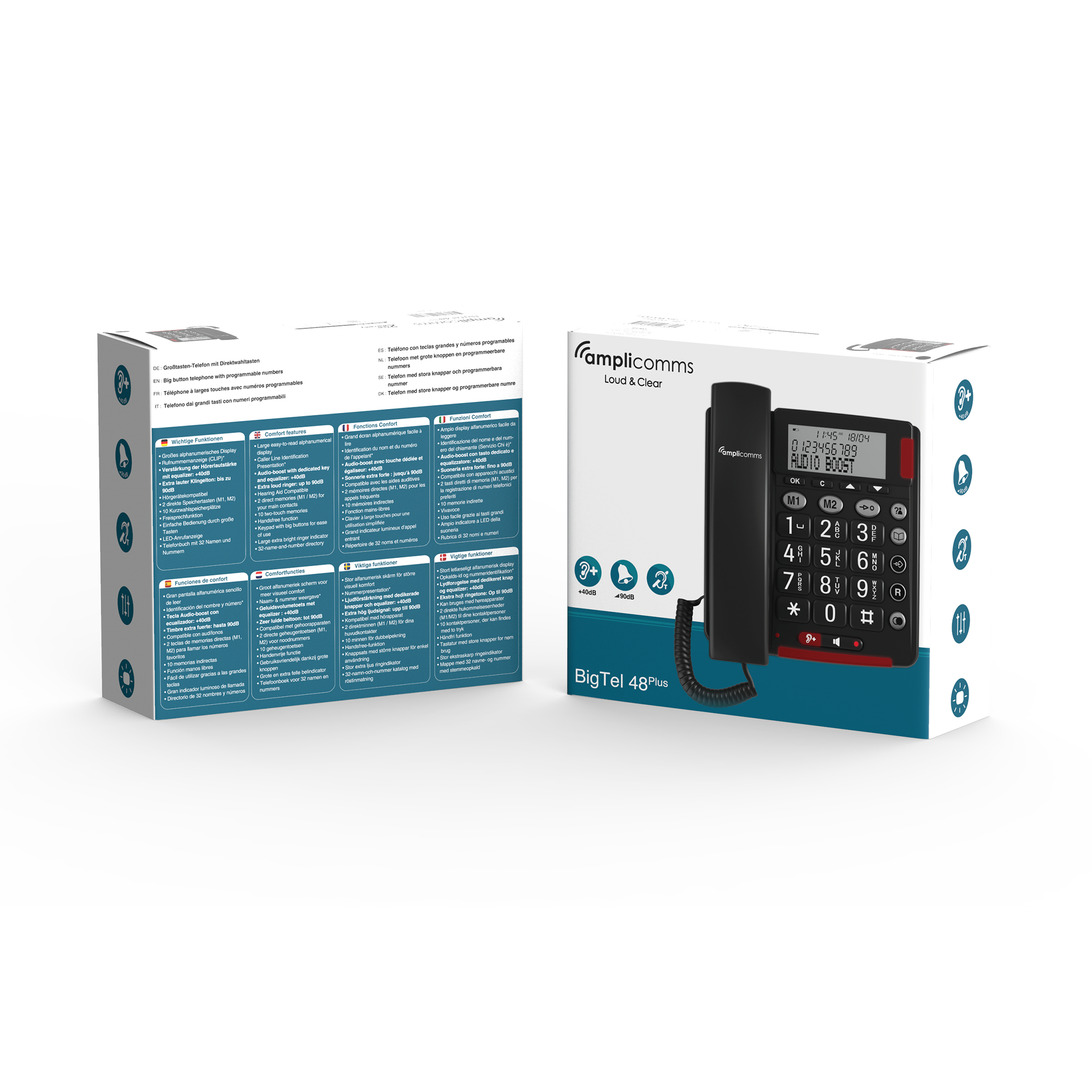 Un téléphone noir AmpliTalk BigTel 48Plus avec gros boutons et écran.