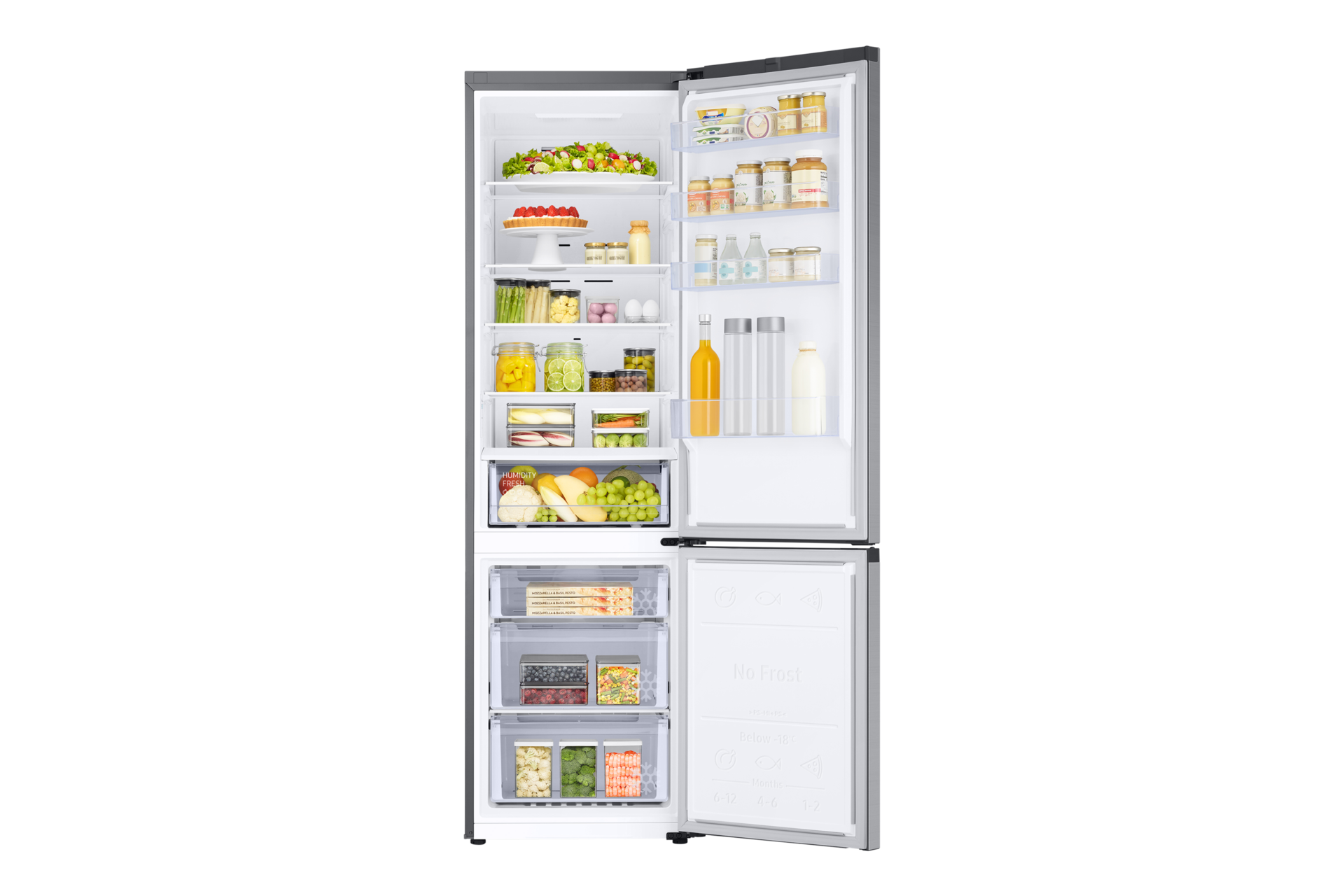 Ein offener Kühlschrank mit Lebensmitteln auf mehreren Ebenen und Gefrierschubladen.