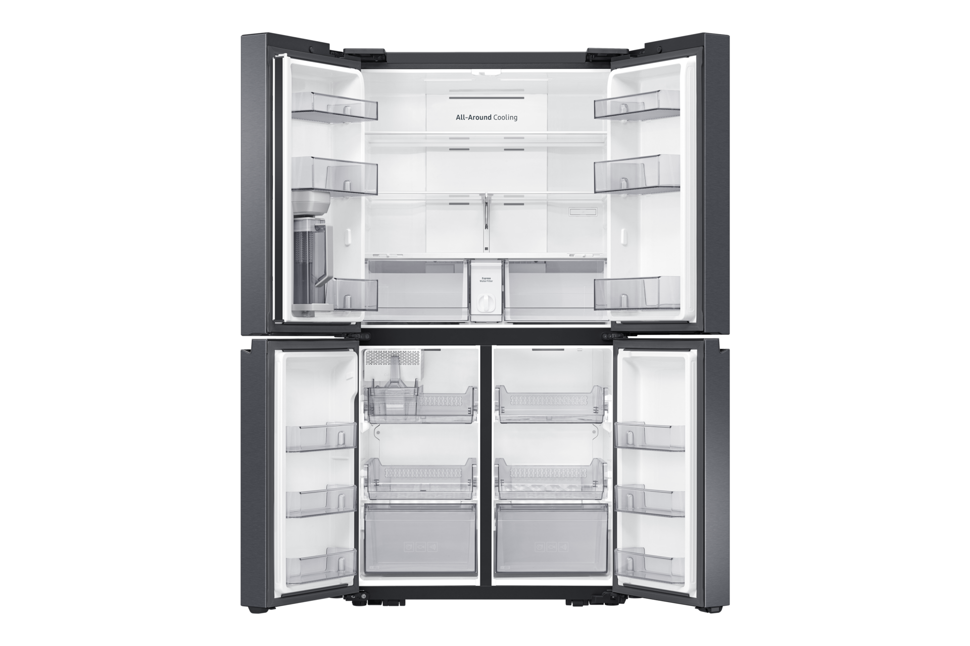 Ein offener Kühlschrank mit mehreren Fächern und Schubladen.