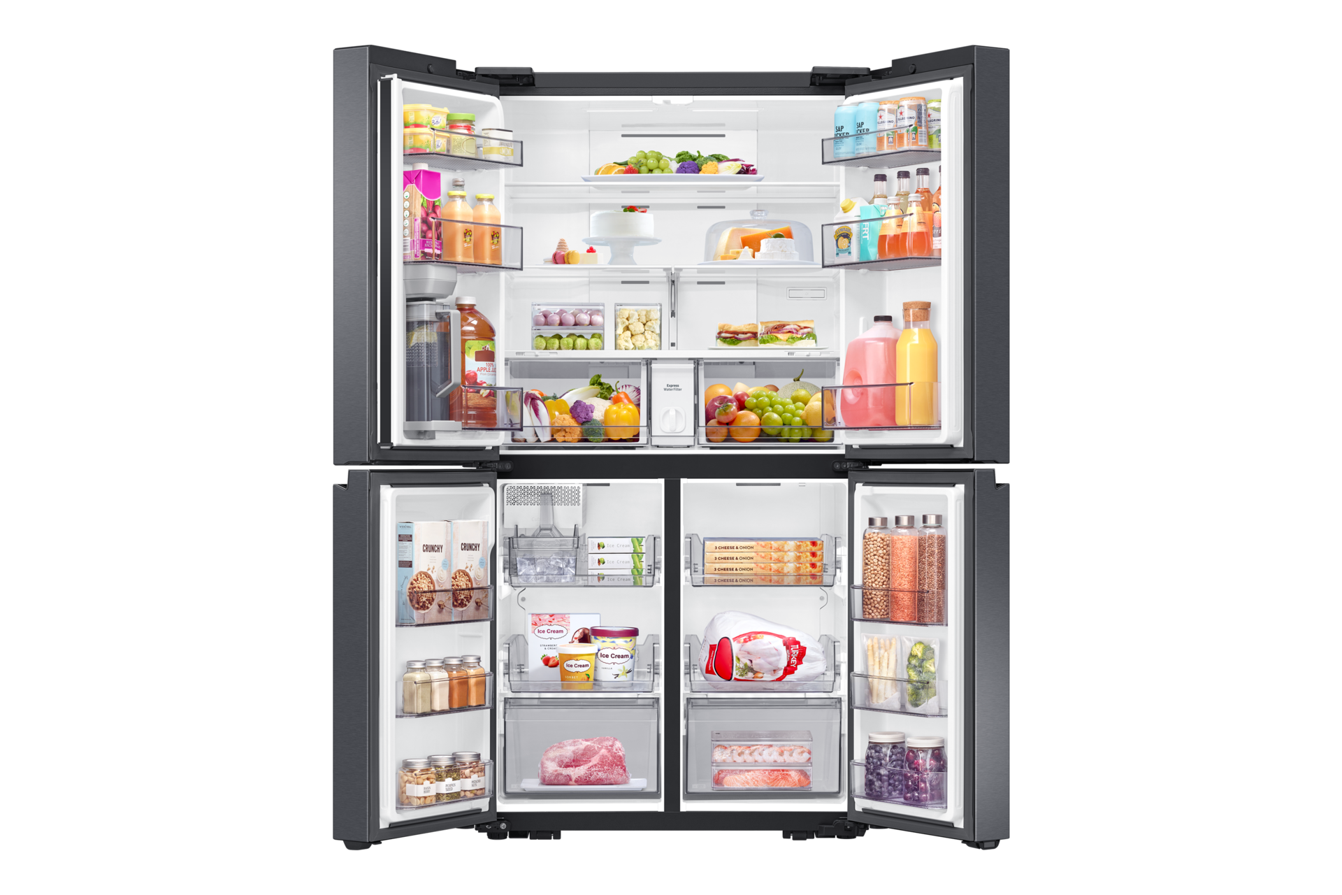 Ein offener Kühlschrank mit Lebensmitteln, Obst, Gemüse und Getränken.