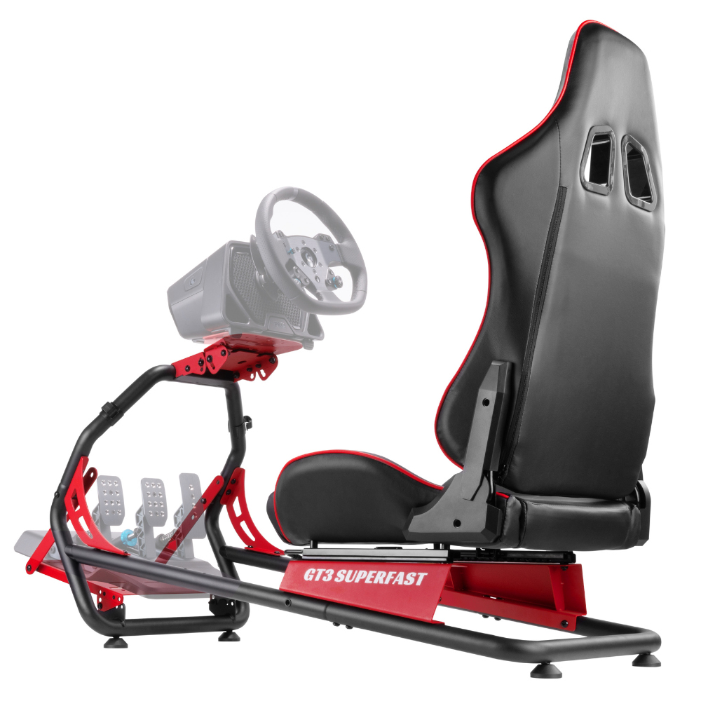 Una cabina de simulador de carreras negra y roja con volante y pedales.