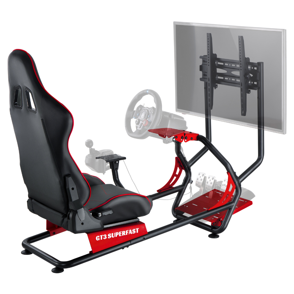 Un asiento de simulador de carreras negro y rojo con monitor, volante y pedales.