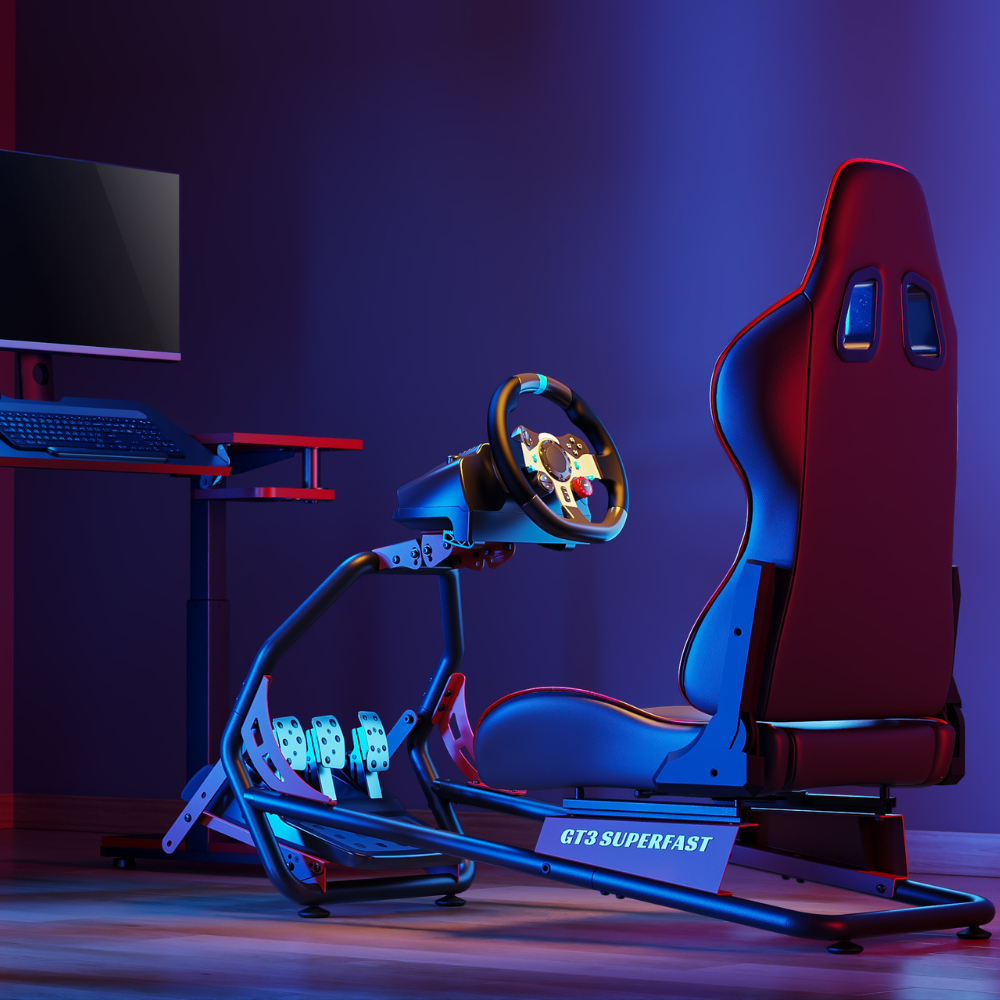 Un simulador de carreras con asiento, volante, pedales y monitor.