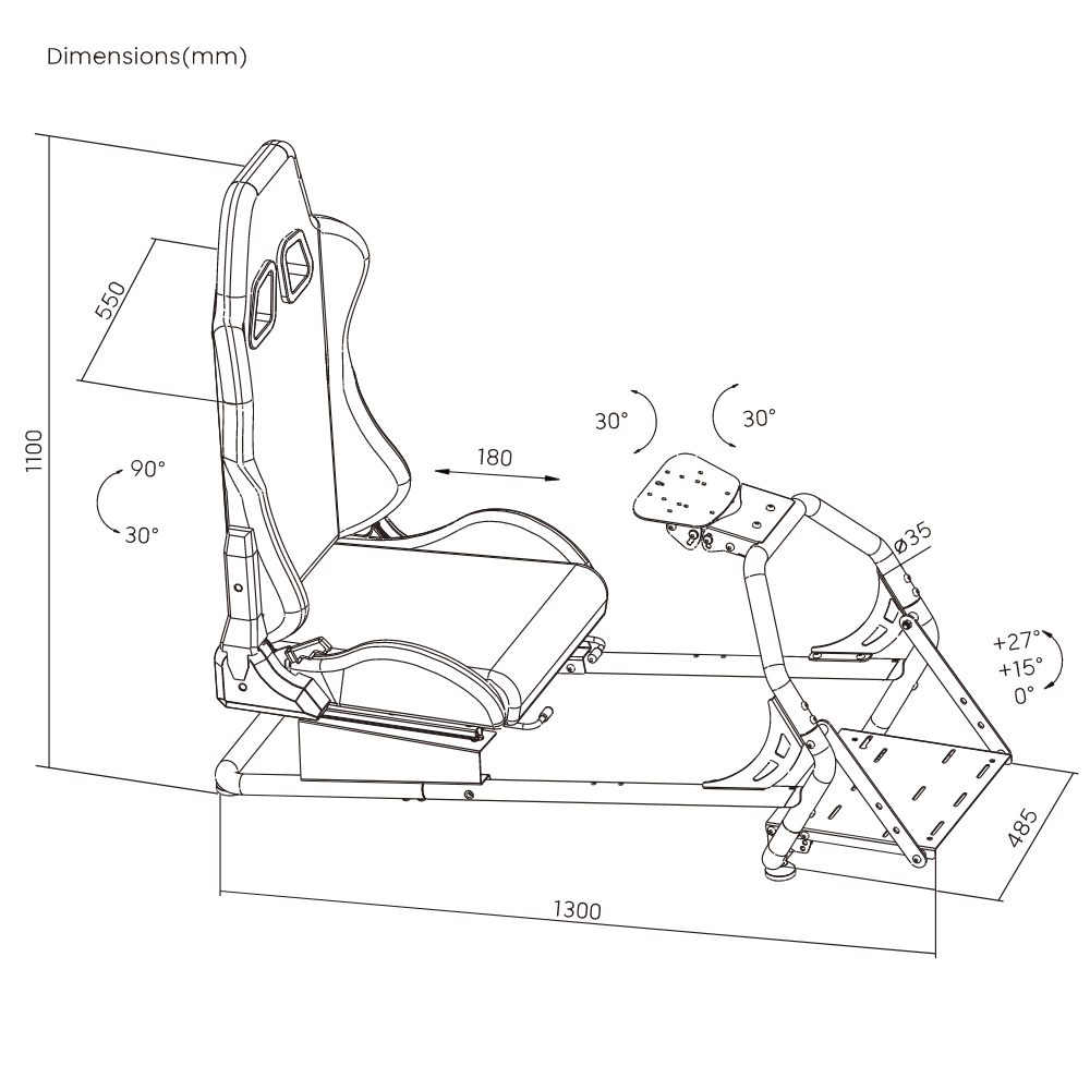 Dibujo técnico de un asiento de simulador de carreras con dimensiones.