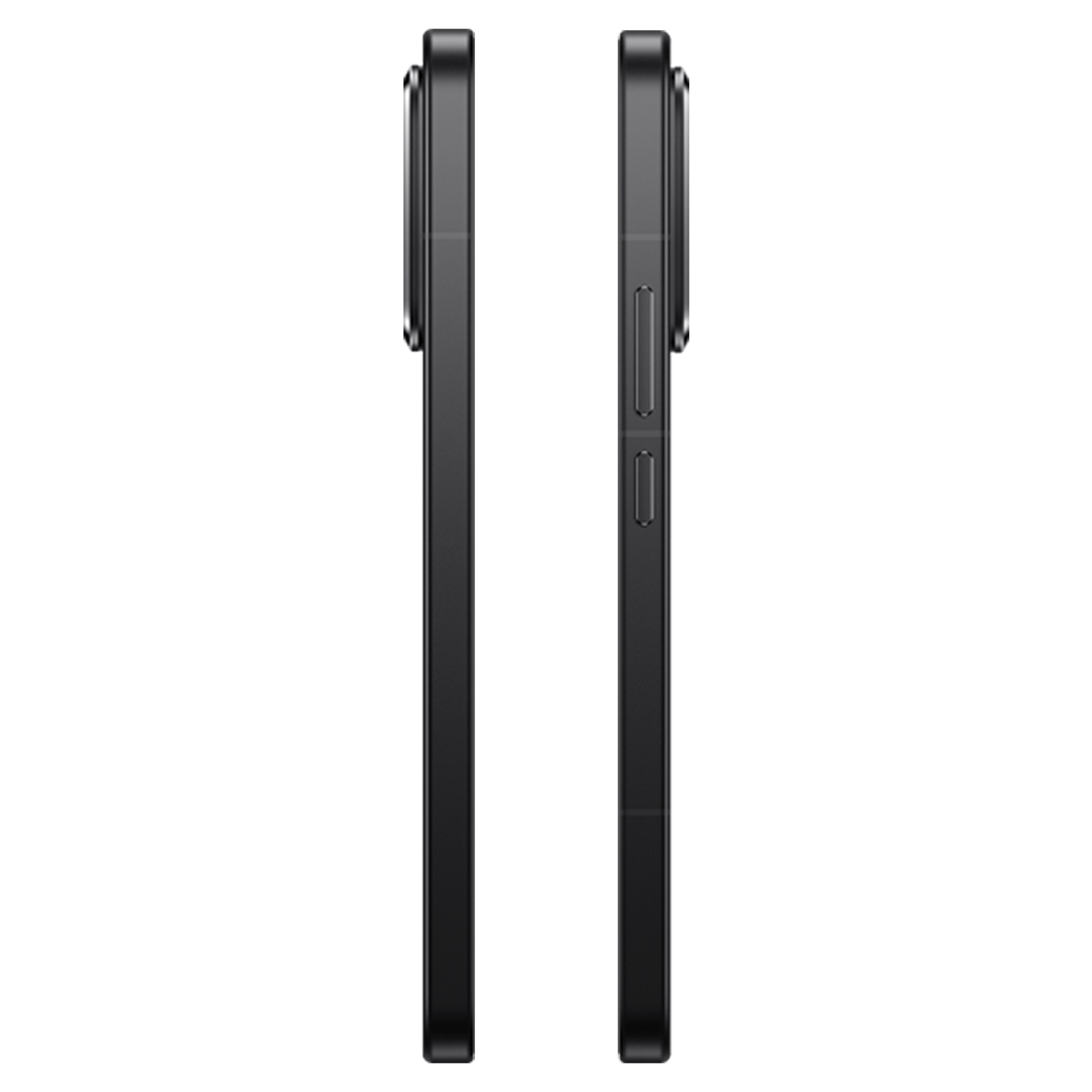 Zwei schwarze Smartphones nebeneinander, Seitenansicht mit Knöpfen.