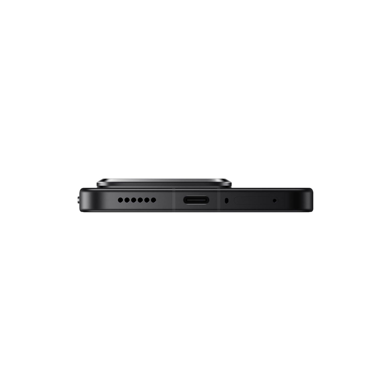 Schwarzes Smartphone mit USB-C-Anschluss und Lautsprechergrill.