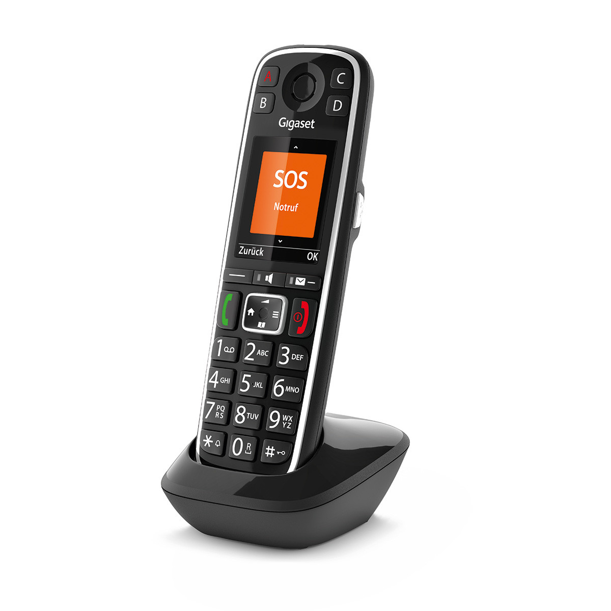 Ein schwarzes Gigaset-Telefon mit SOS-Funktion auf der Ladestation.
