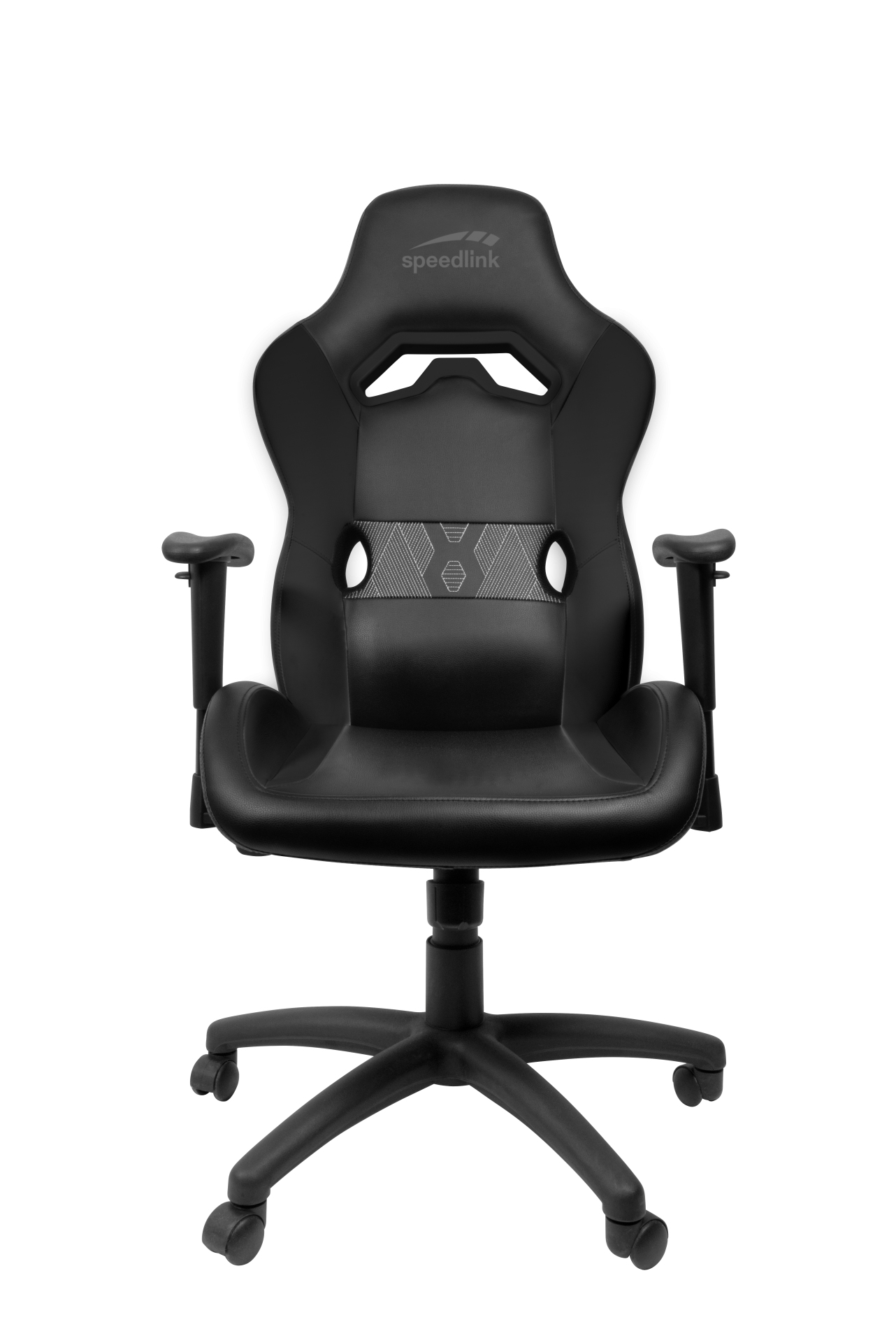 Ein schwarzer Gaming-Stuhl mit Speedlink-Logo, verstellbaren Armlehnen und Rollen.