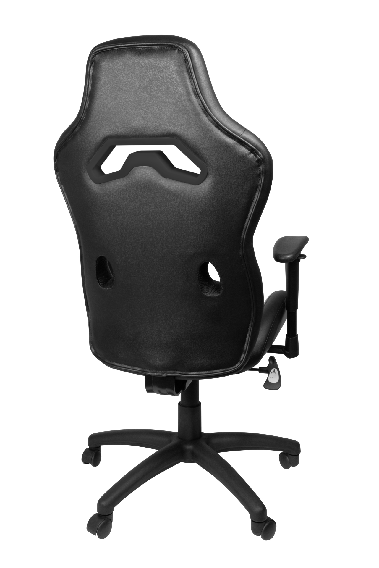 Schwarzer Gaming-Stuhl mit hoher Rückenlehne, Armlehnen und Rollen.