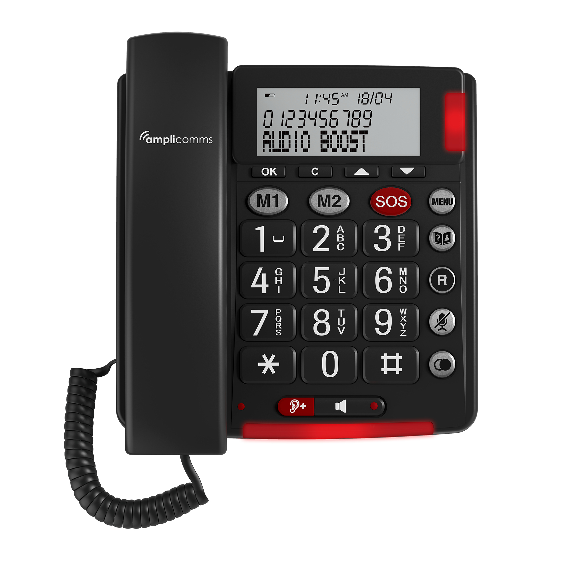 Een zwarte AmpliComms telefoon met grote knoppen en display.